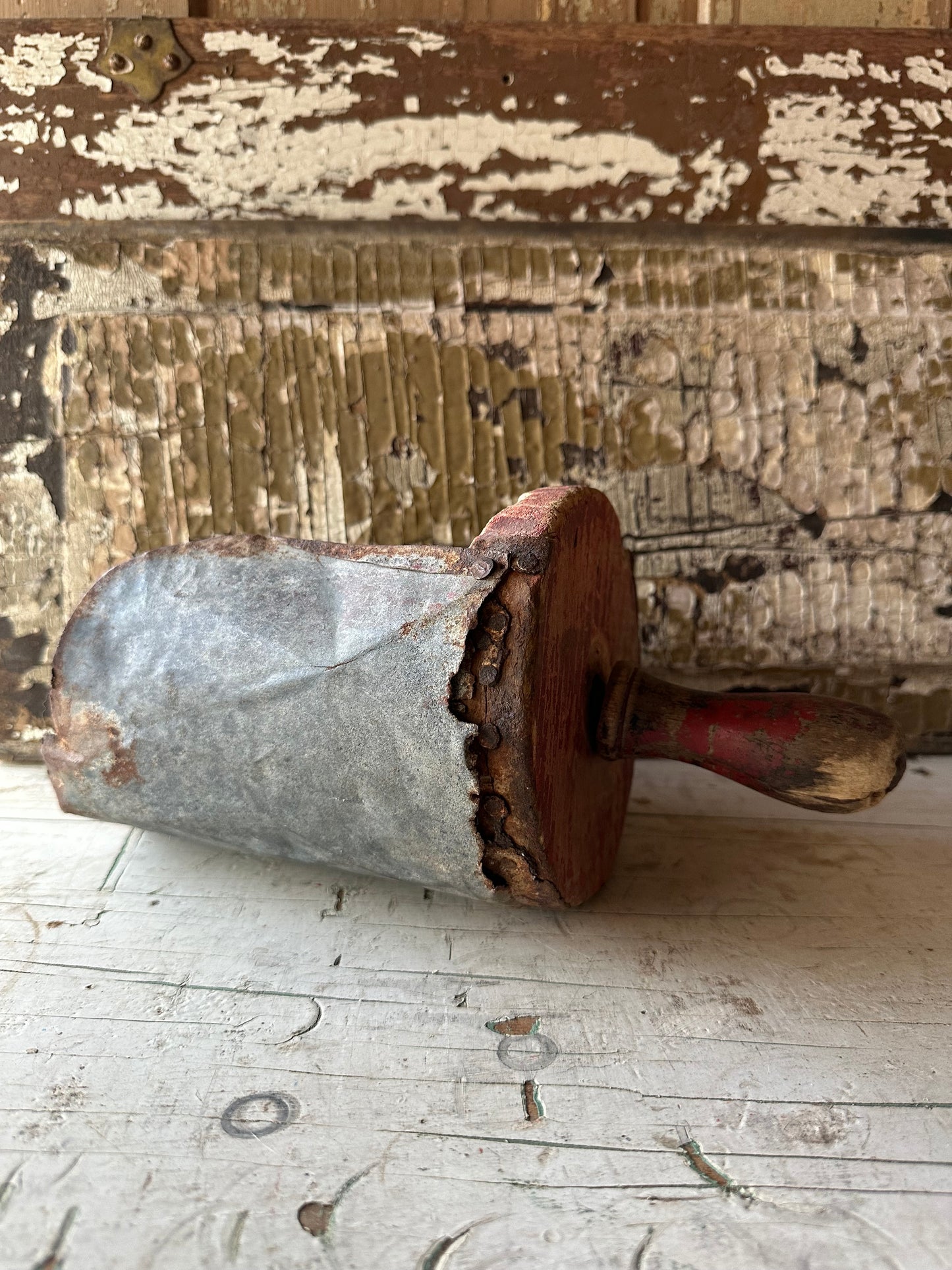 Weathered Red Paint Wood & Rusty Metal Scoop