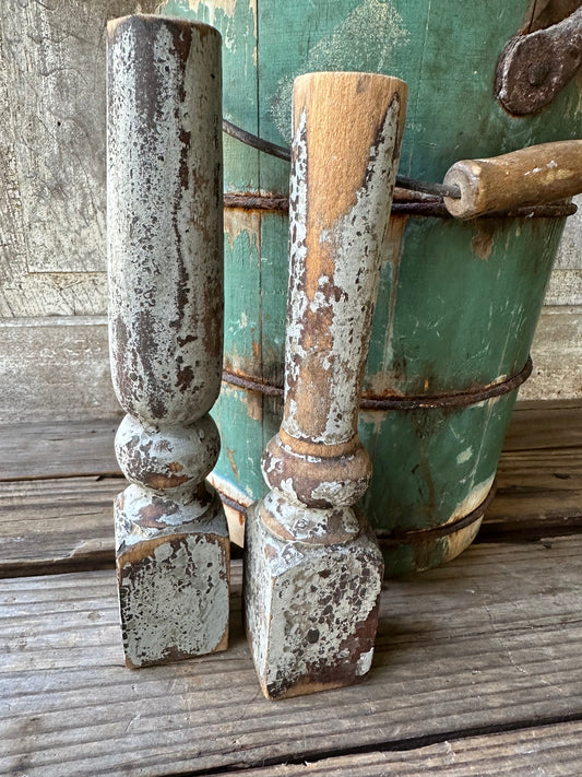 Weathered Wood And Gray Paint Spindles Set of Two