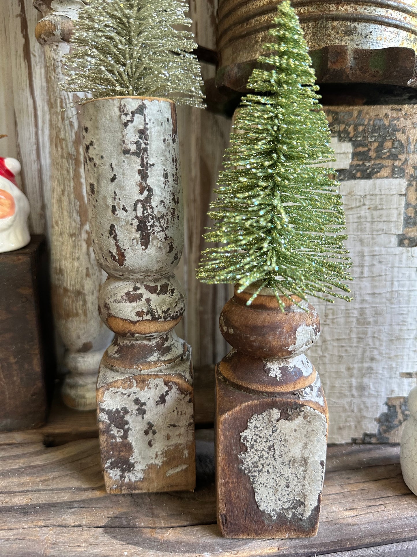 Salvage Wood Spindle Bottle Brush Tree Set Of Two