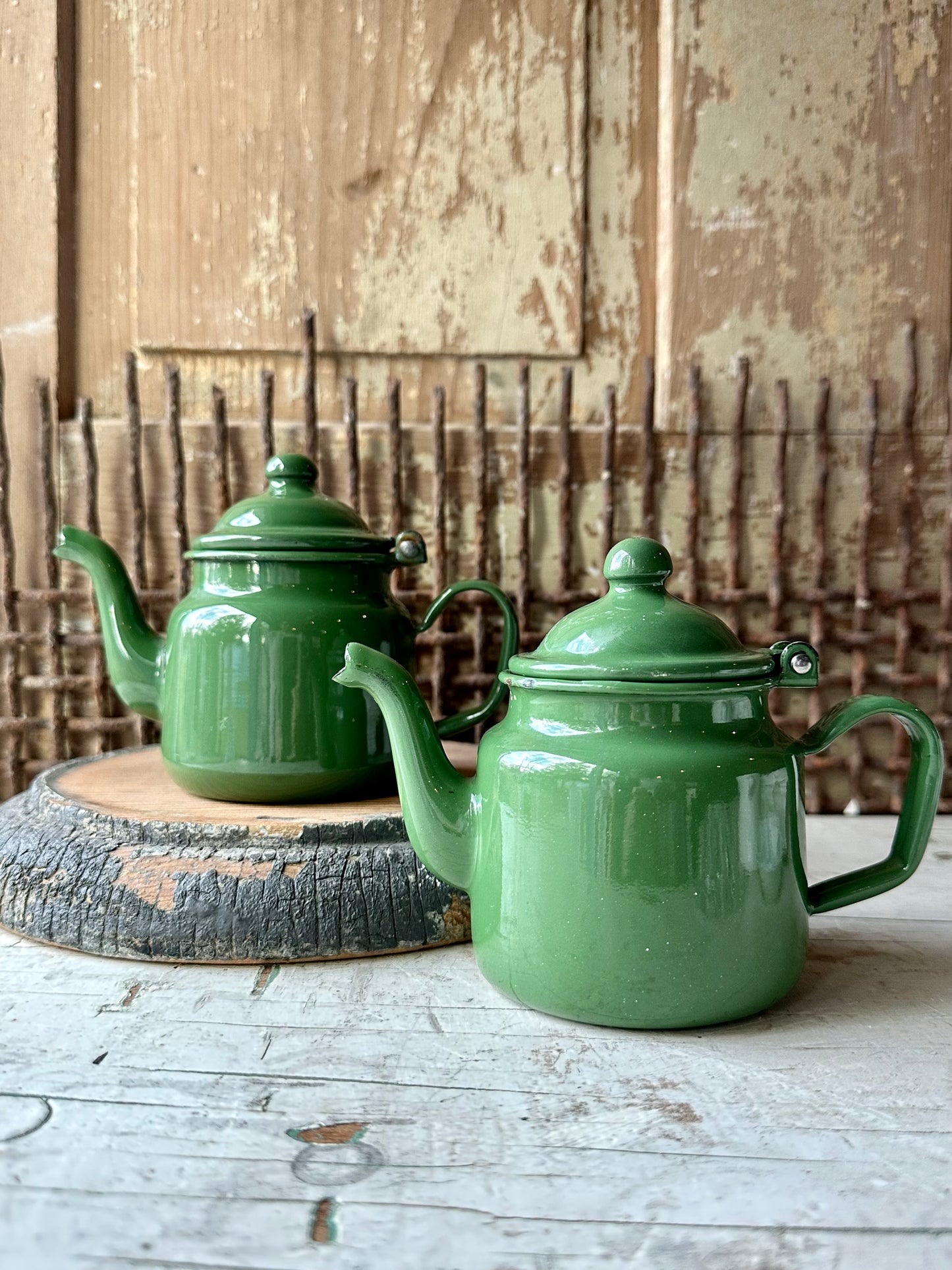 Enamelware Small Green Tea Pots Set of 2