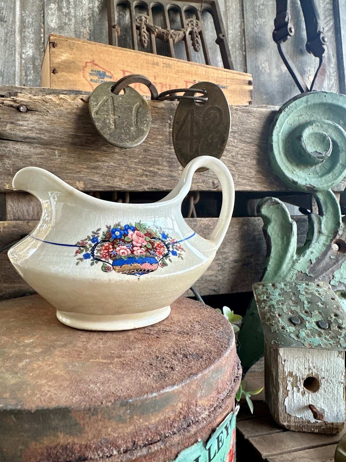 Floral Creamer With Handle Crazing Staining