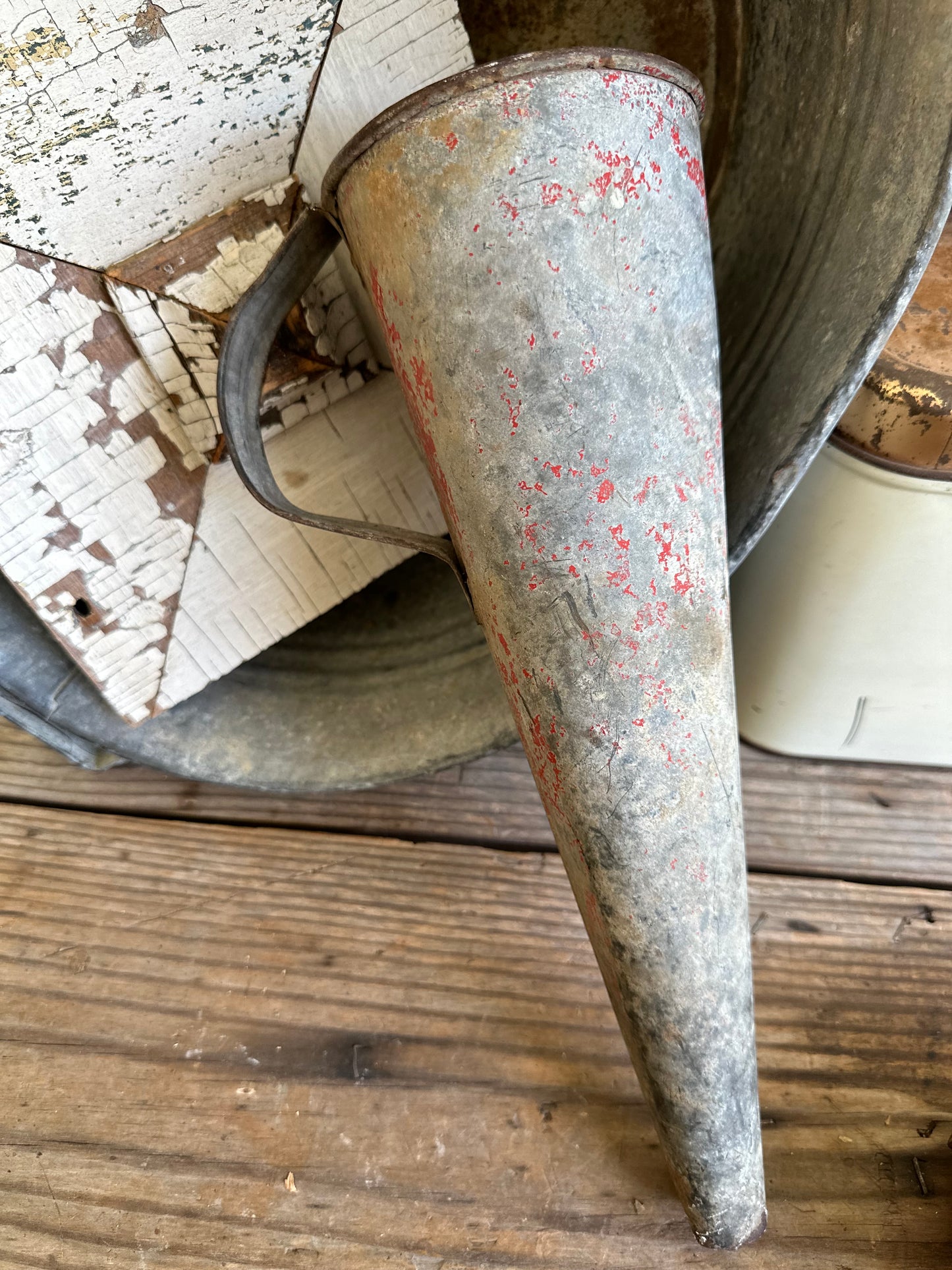 Galvanized Metal Funnel With Handle Chippy Red Paint