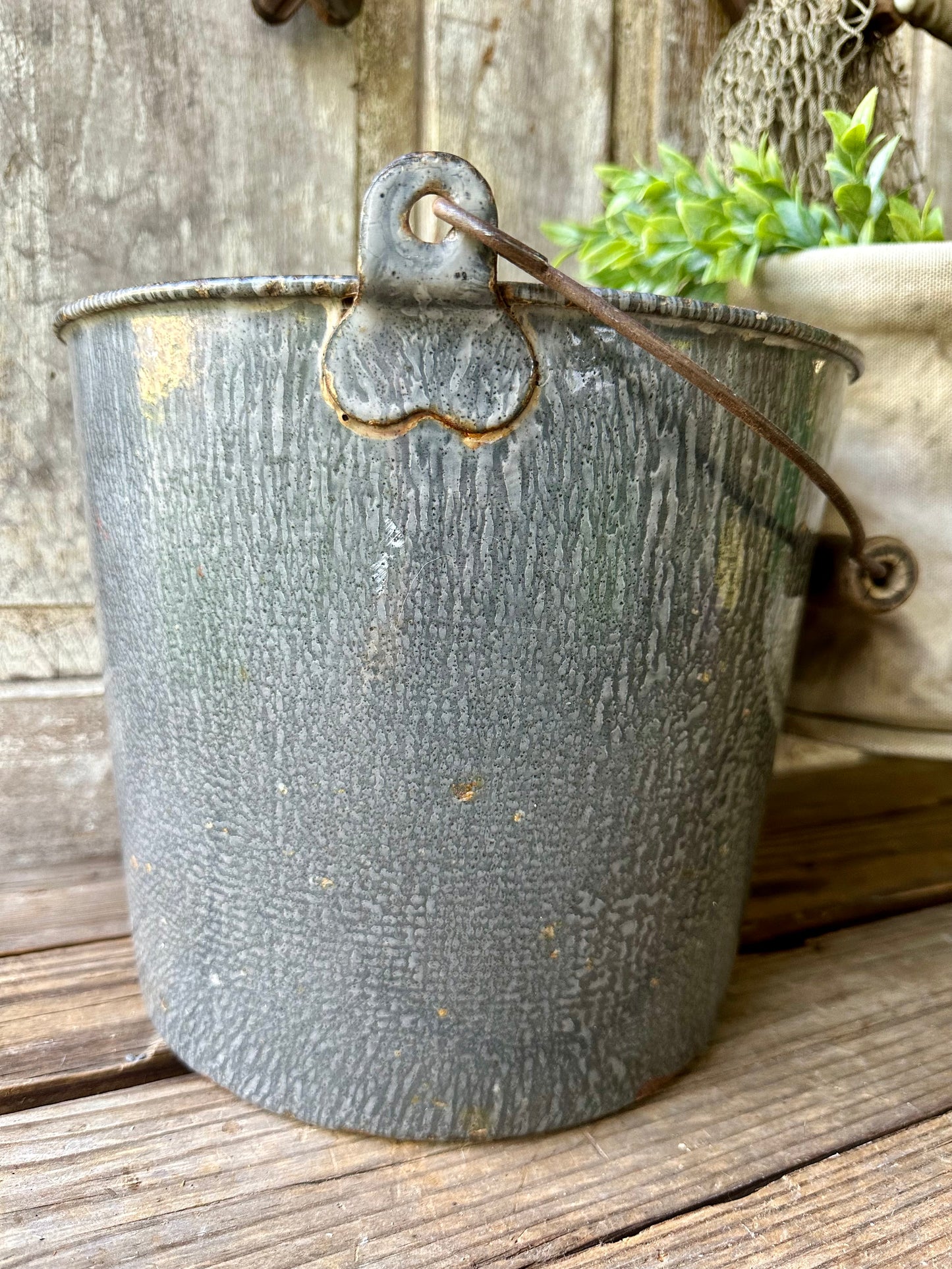 Gray Enamelware Bucket Wood Handle