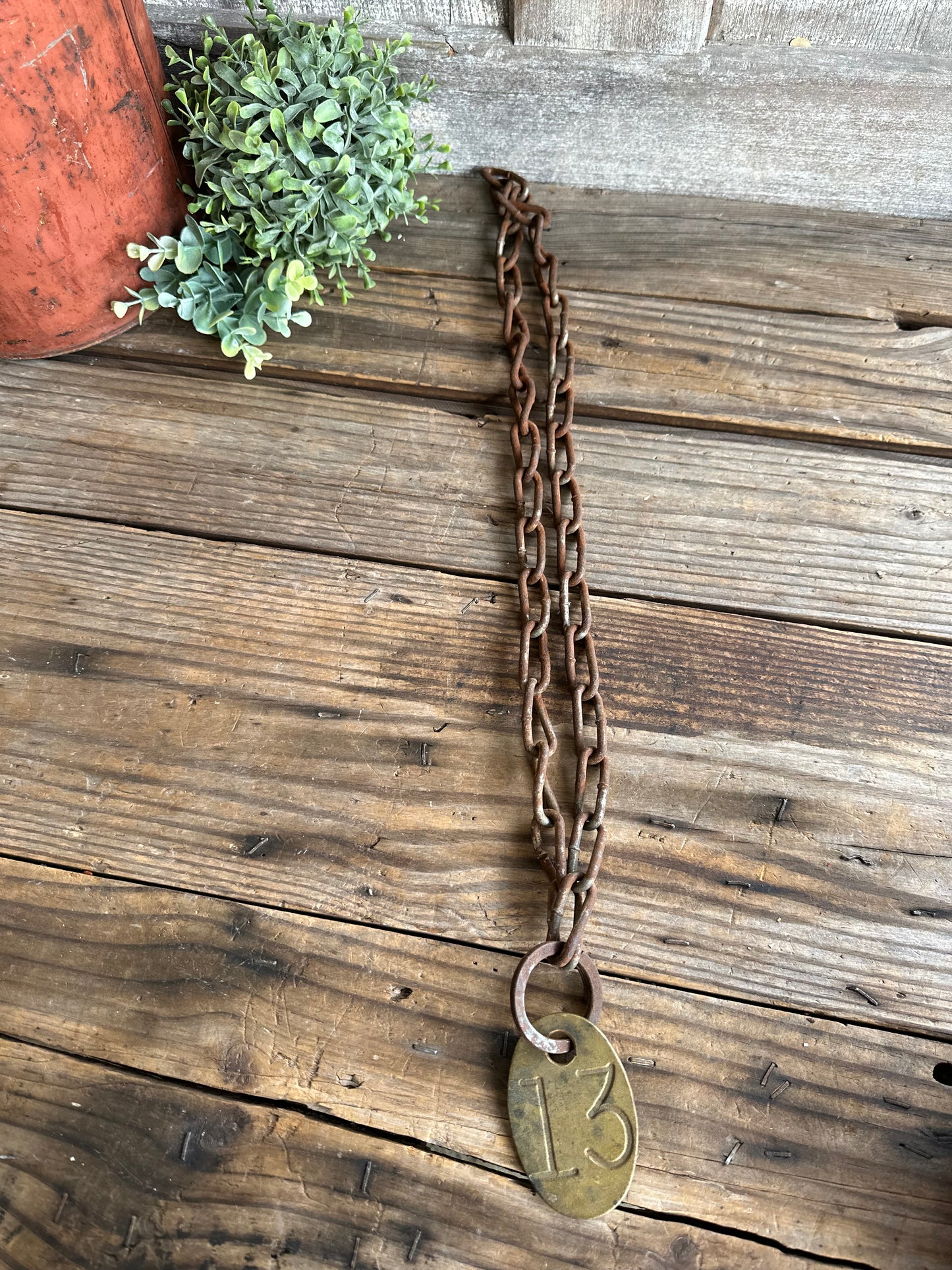 Cattle Brass Tag #13 With Rusty Metal Chain