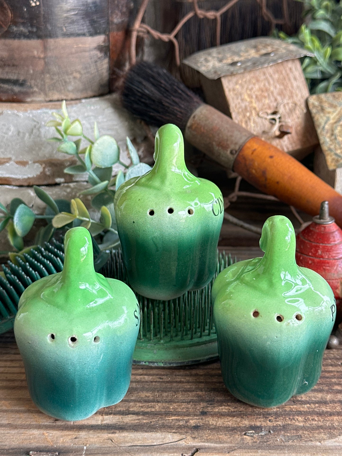 Green Pepper Shape Salt, Pepper & Cinnamon Shaker Set Of Three