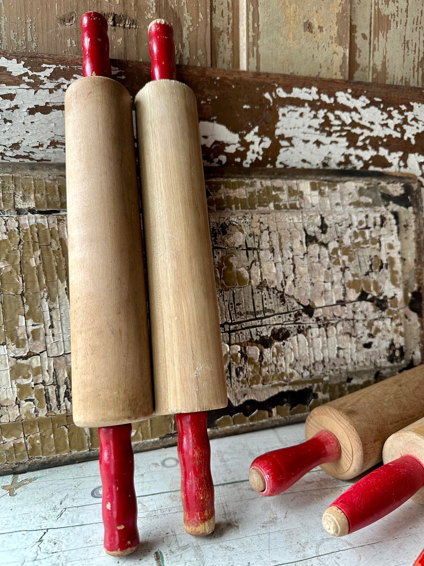 Rolling Pins Chippy Red Paint Handles Set of 2