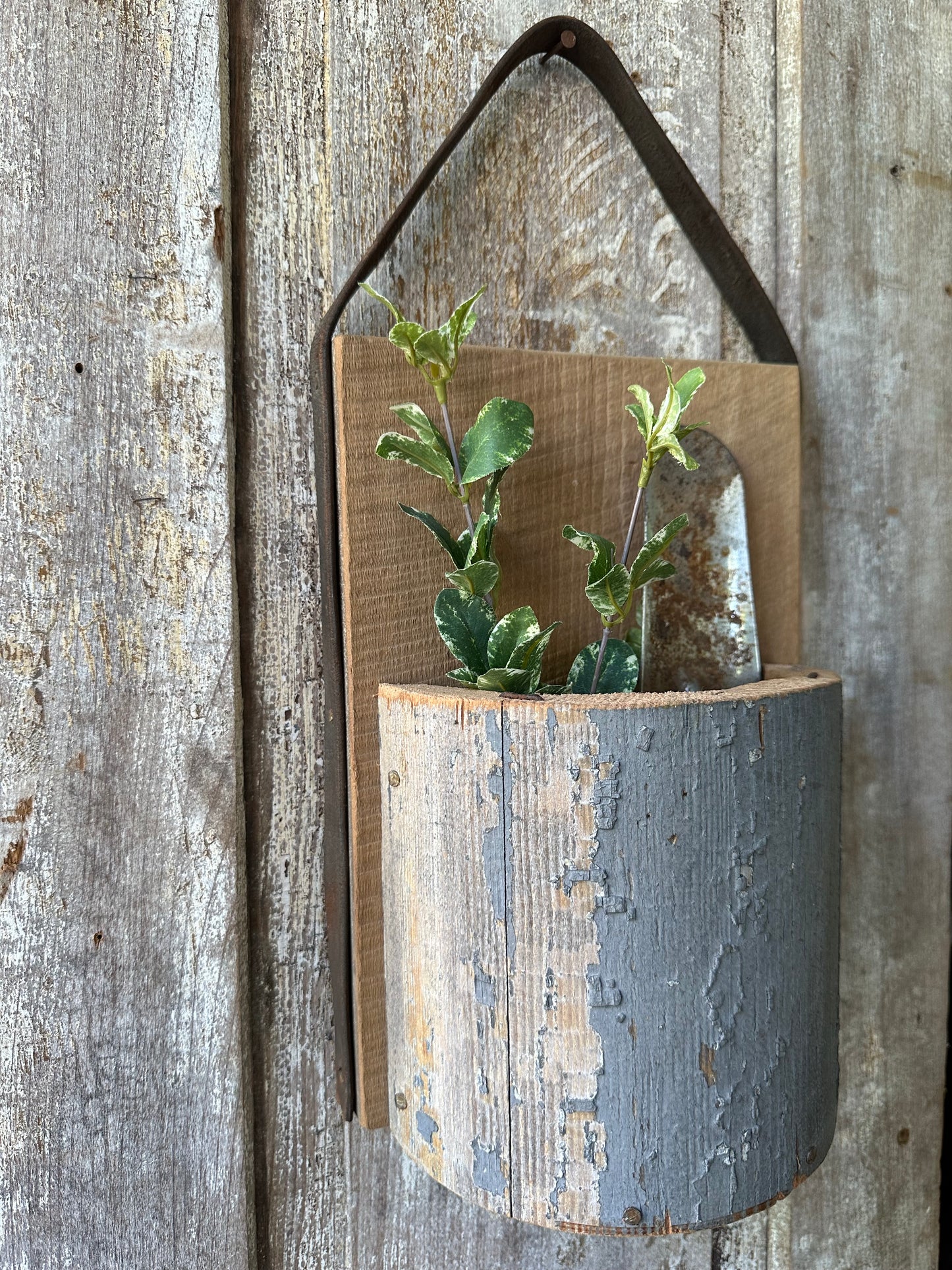 Handmade Salvage Post Wall Pocket With Garden Shovel