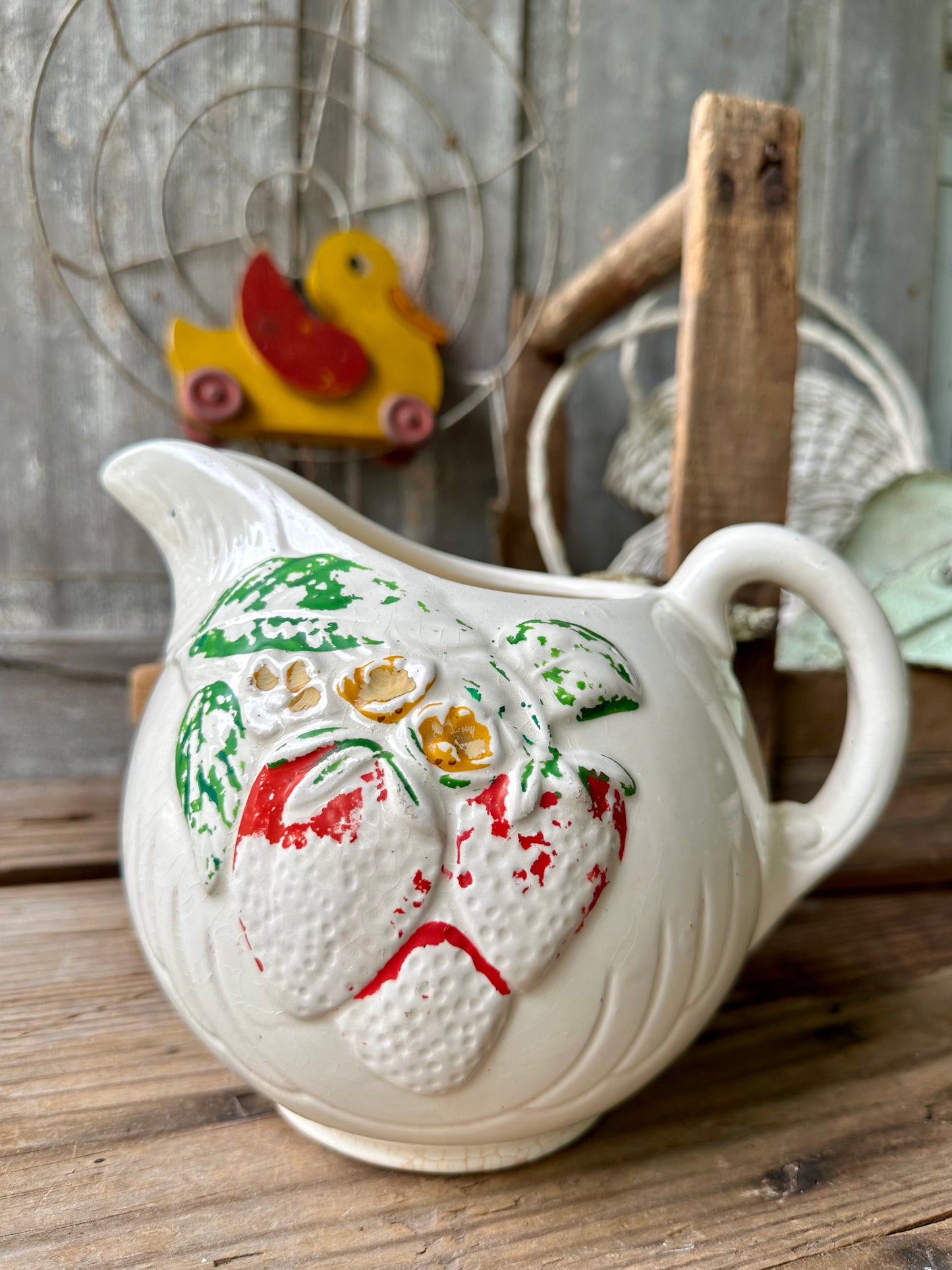 Strawberry Pattern Pitcher USA Crazed & Stained