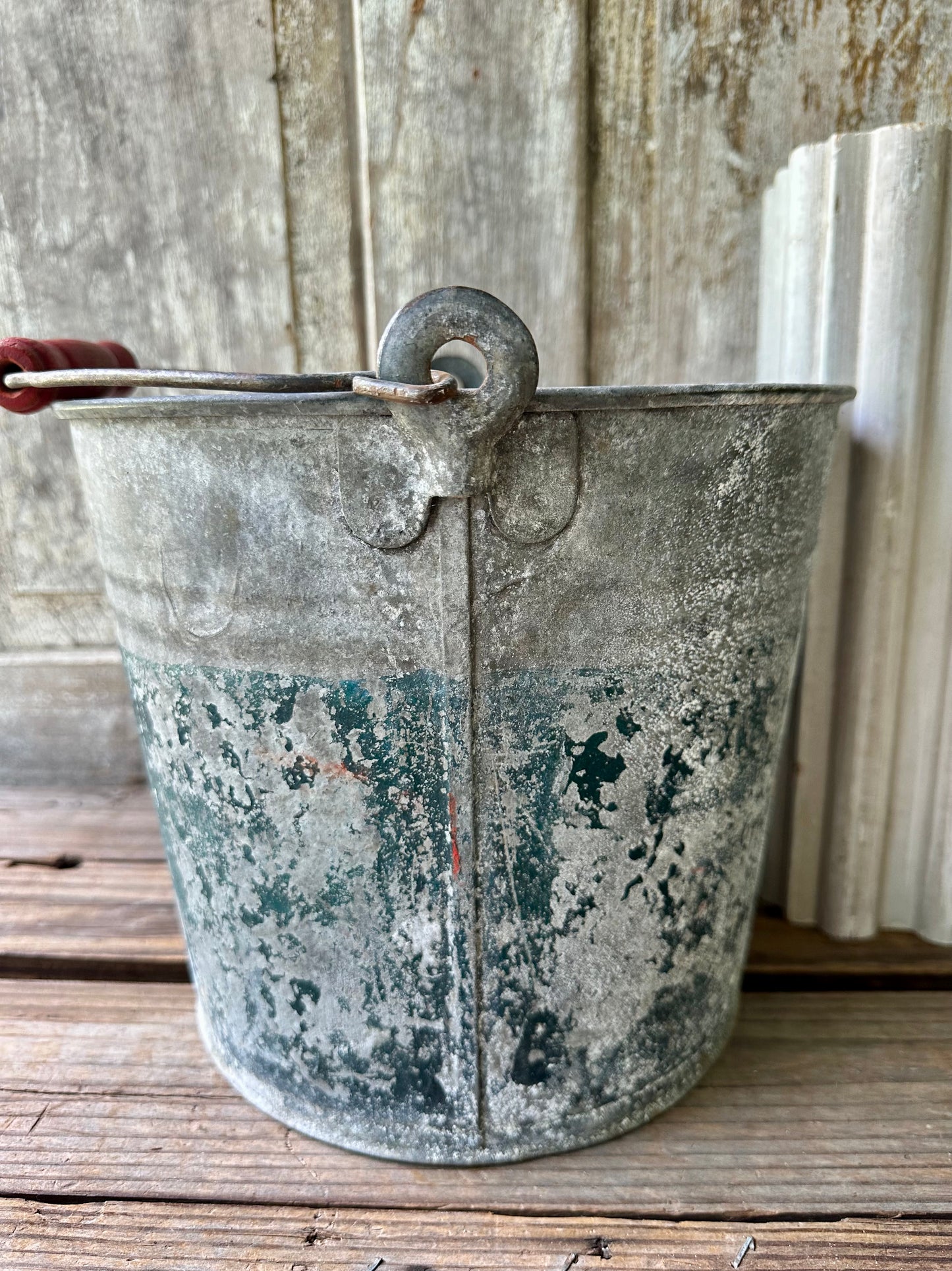 Galvanized Bucket With Chippy Teal Paint & Red Wood Handle