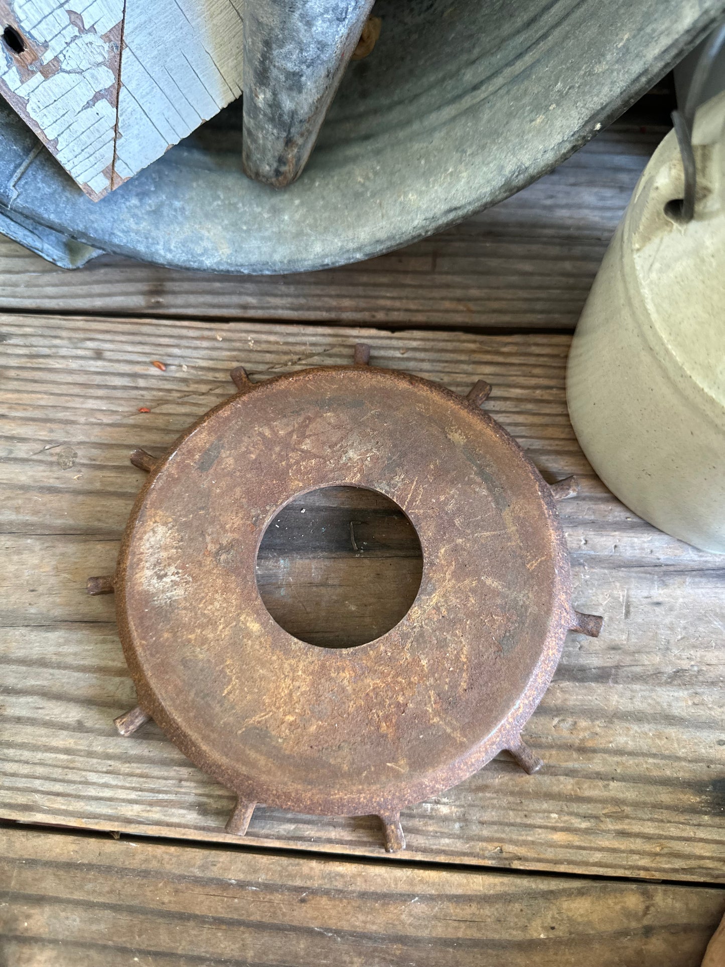 Salvage Wood Pulley Sheave & Metal Riser 2 Pc