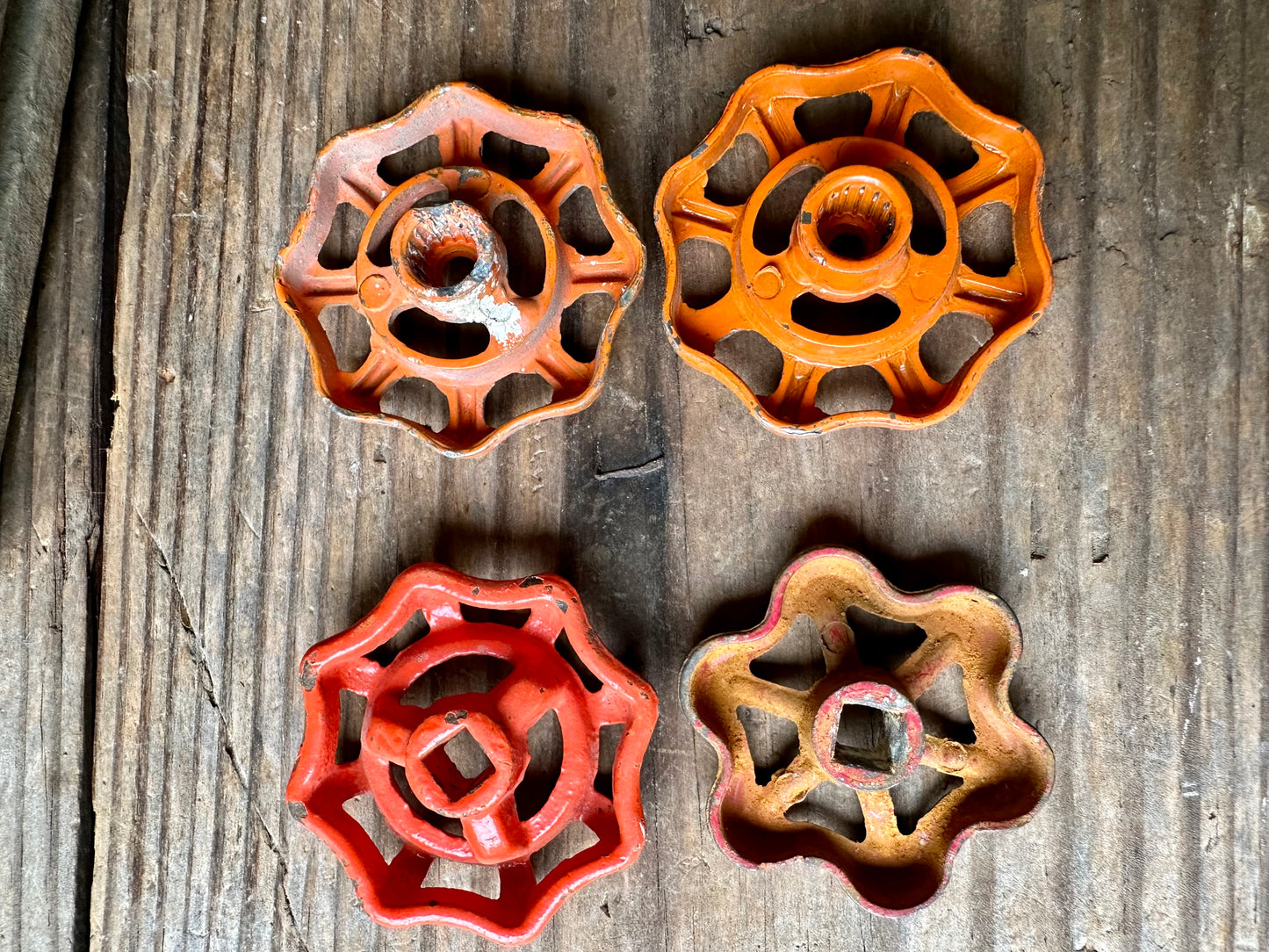 Orange & Red Rusty Metal Valve Handles Set Of Four