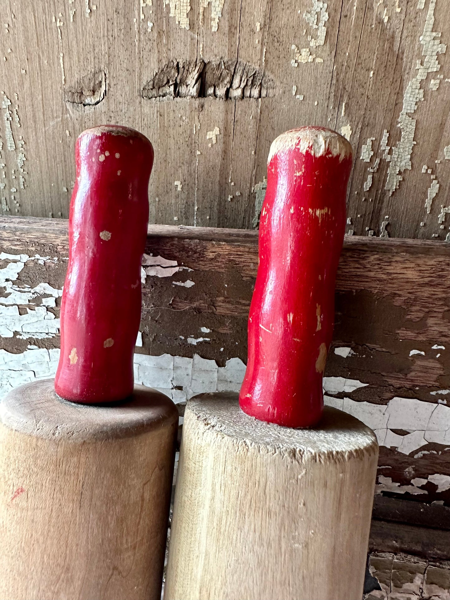 Rolling Pins Chippy Red Paint Handles Set of 2