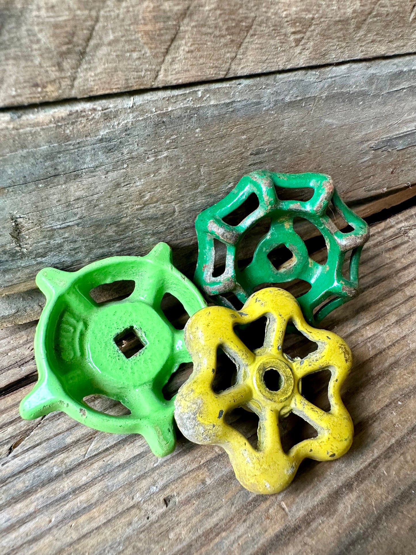 Green & Yellow Rusty Metal Valve Handles Set Of Three