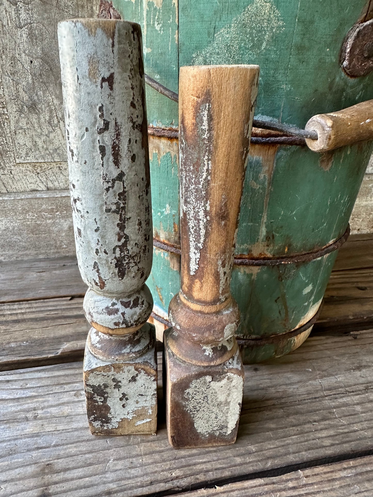 Weathered Wood And Gray Paint Spindles Set of Two