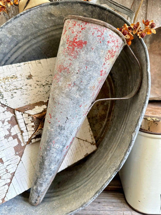 Galvanized Metal Funnel With Handle Chippy Red Paint