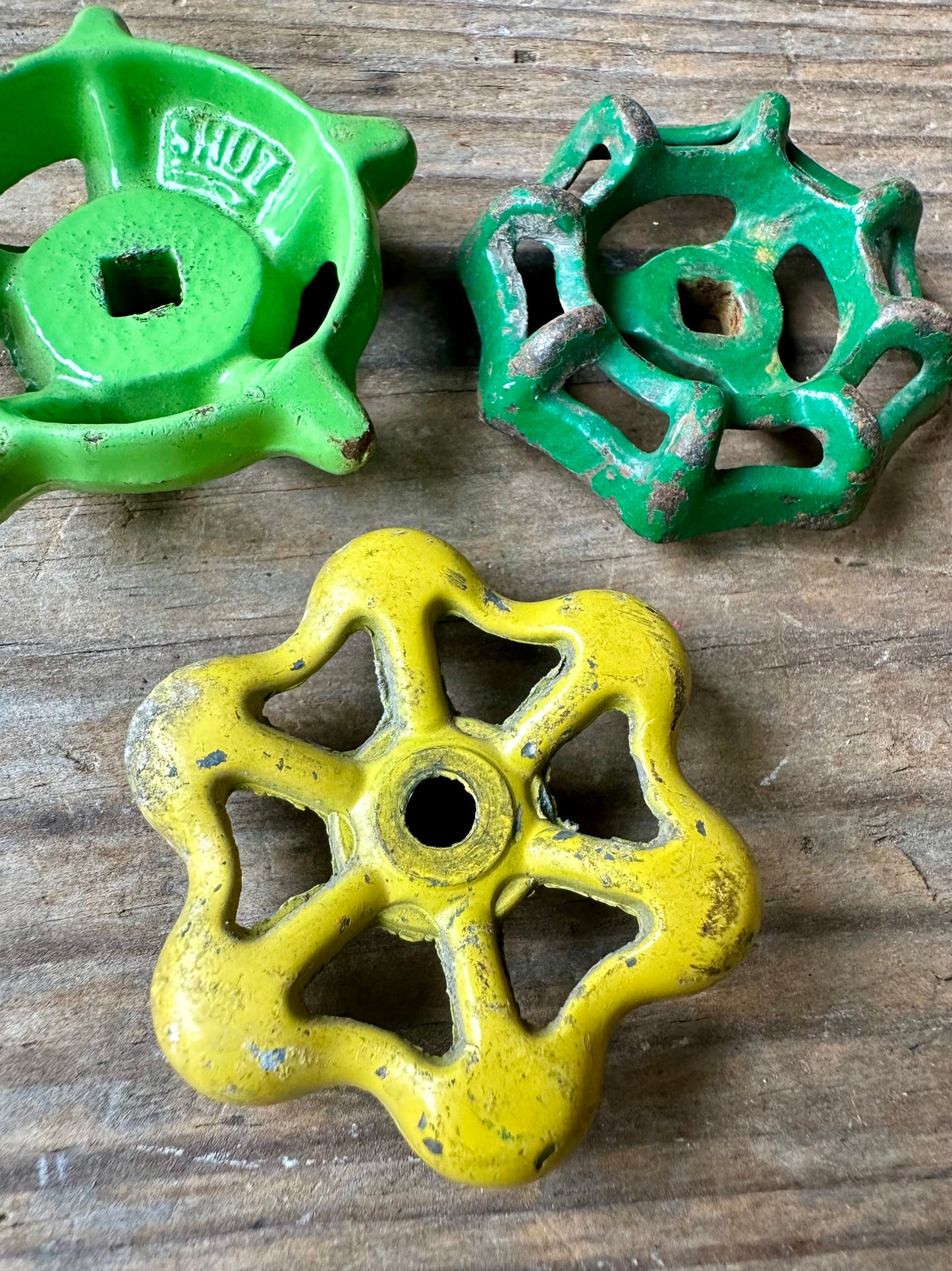 Green & Yellow Rusty Metal Valve Handles Set Of Three