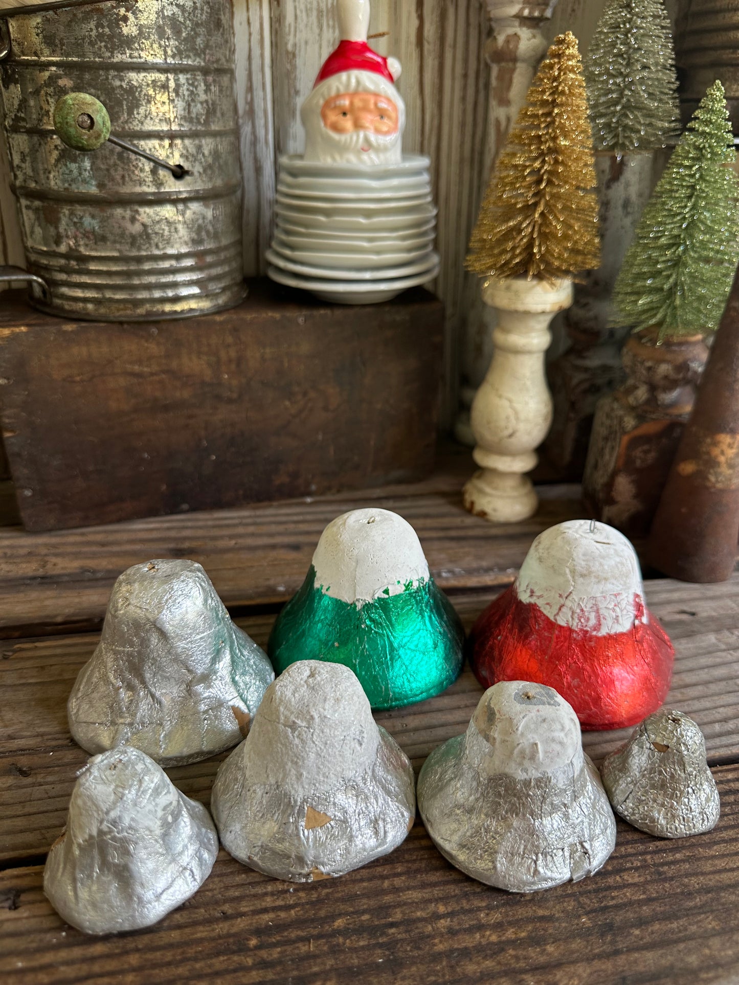 Paper Mache Foil Bells Set Of 7