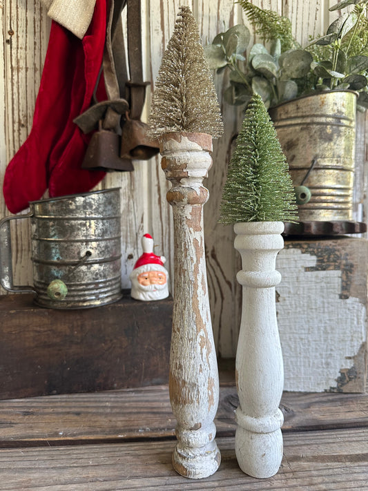 Salvage Wood Spindle With Bottle Brush Tree Set Of Two