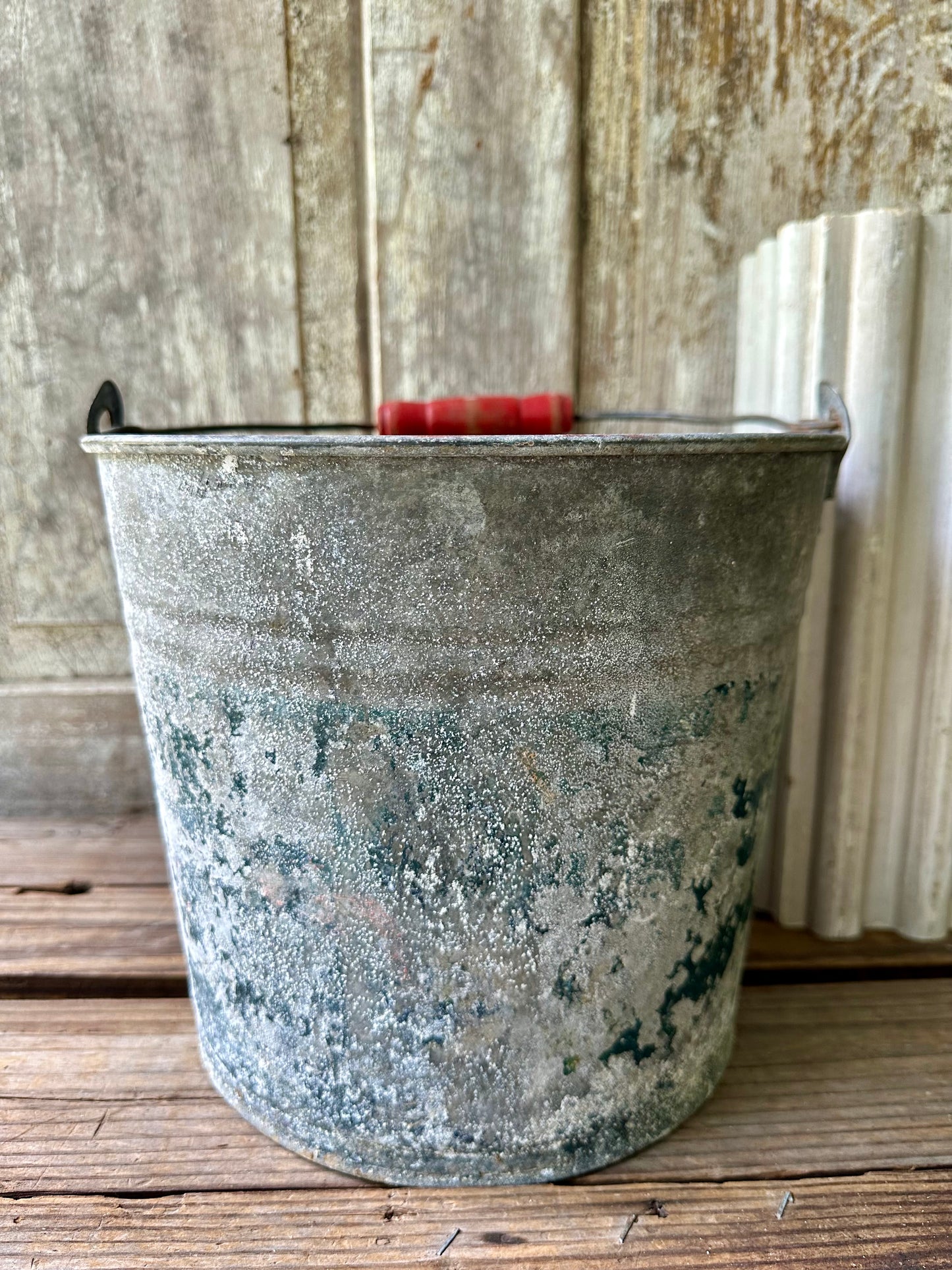 Galvanized Bucket With Chippy Teal Paint & Red Wood Handle