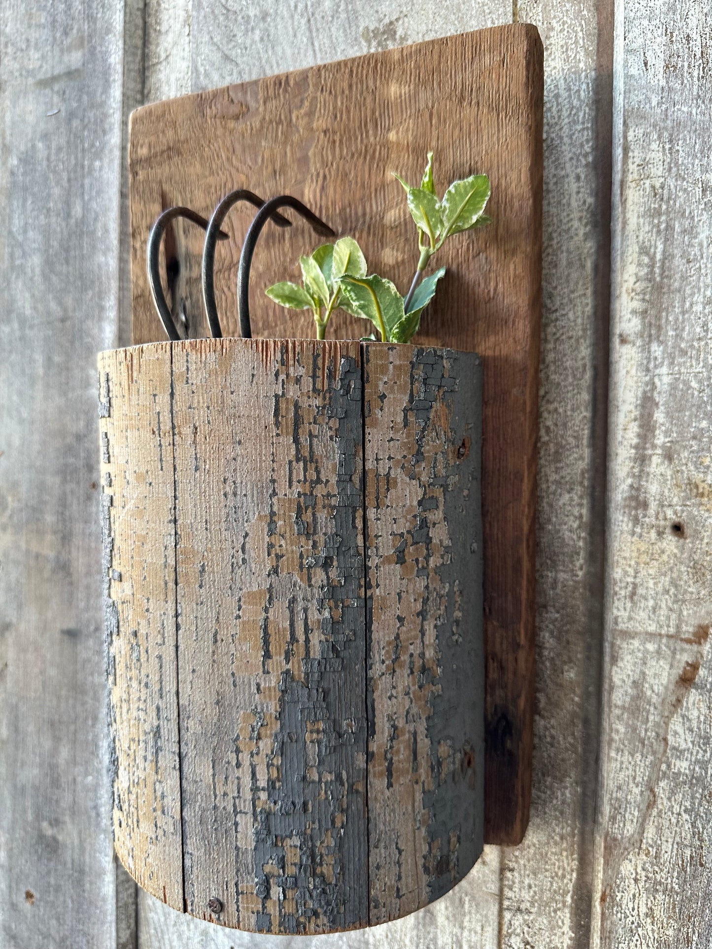 Handmade Salvage Post Wall Pocket With Garden Tool