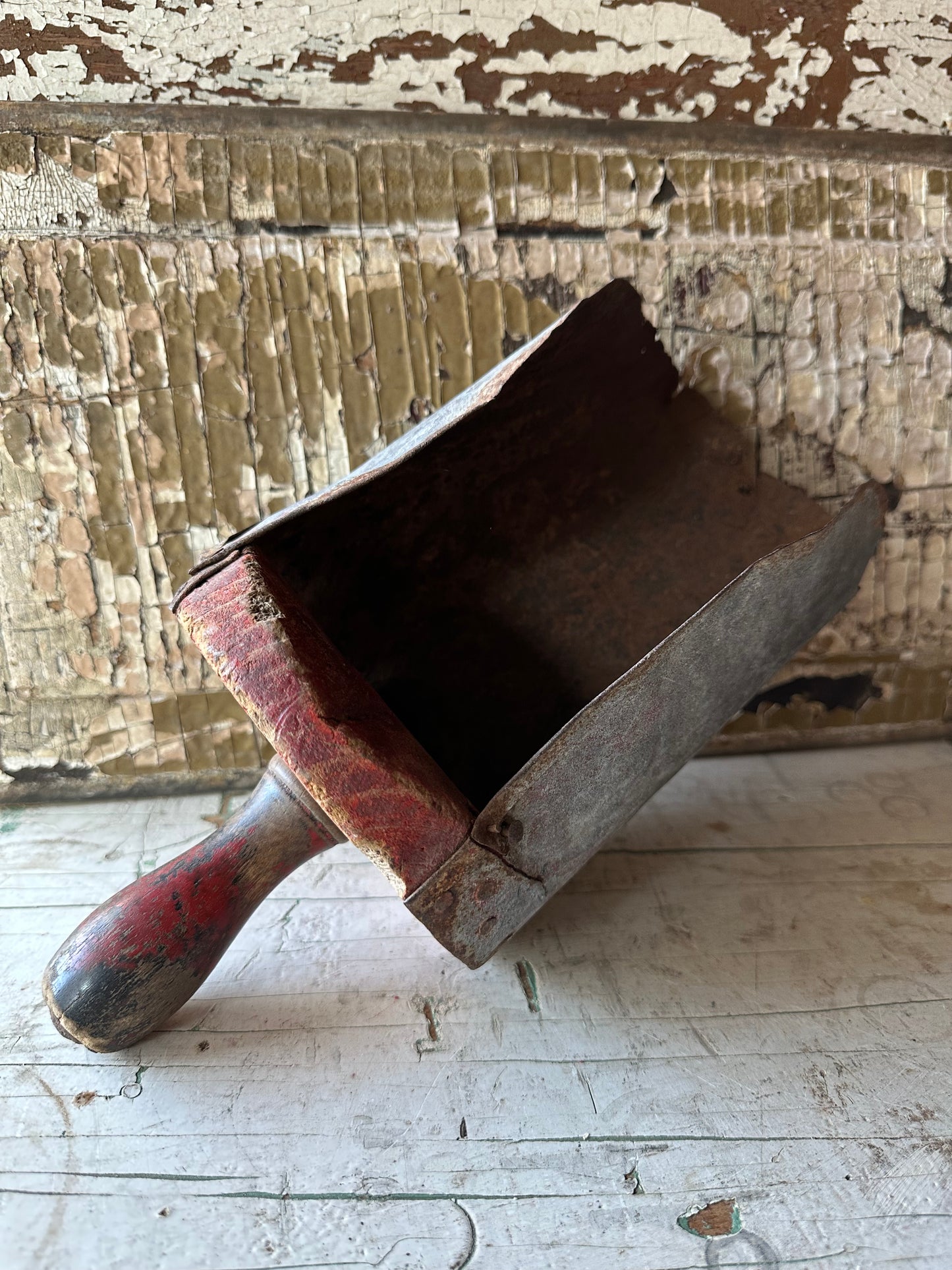 Weathered Red Paint Wood & Rusty Metal Scoop