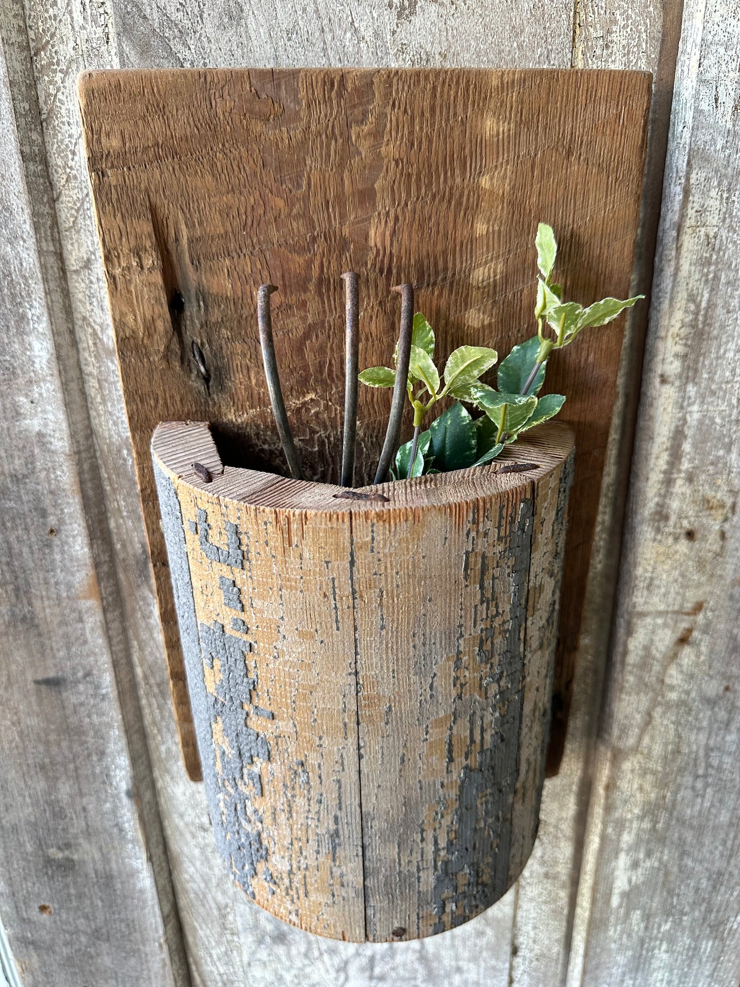 Handmade Salvage Post Wall Pocket With Garden Tool