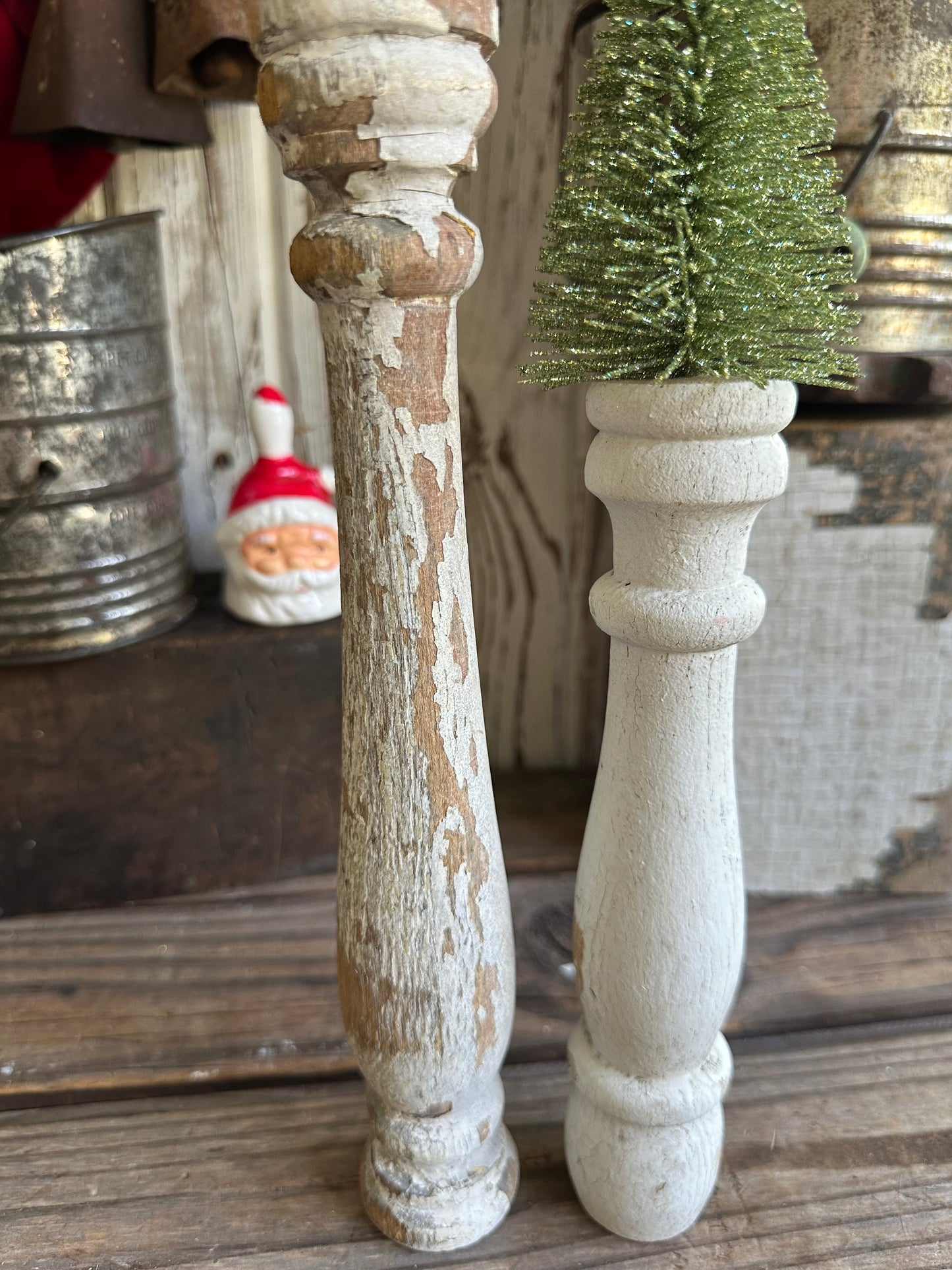 Salvage Wood Spindle With Bottle Brush Tree Set Of Two
