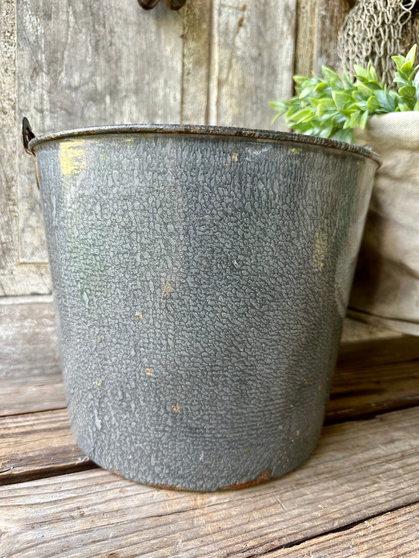 Gray Enamelware Bucket Wood Handle