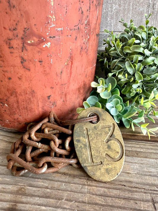 Cattle Brass Tag #13 With Rusty Metal Chain