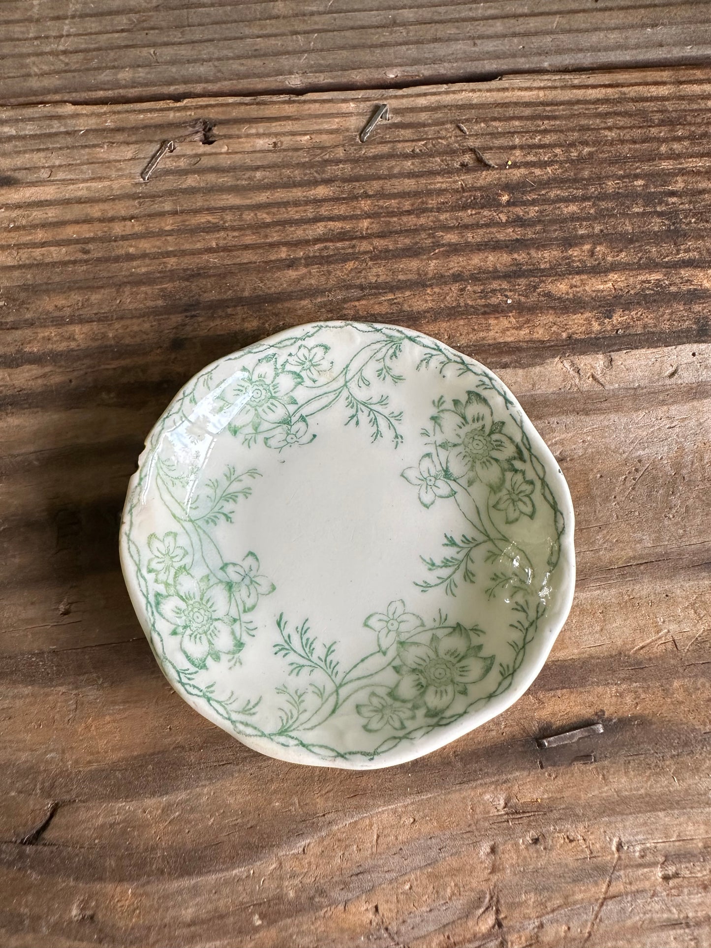 Butter Pat Green Floral Transferware