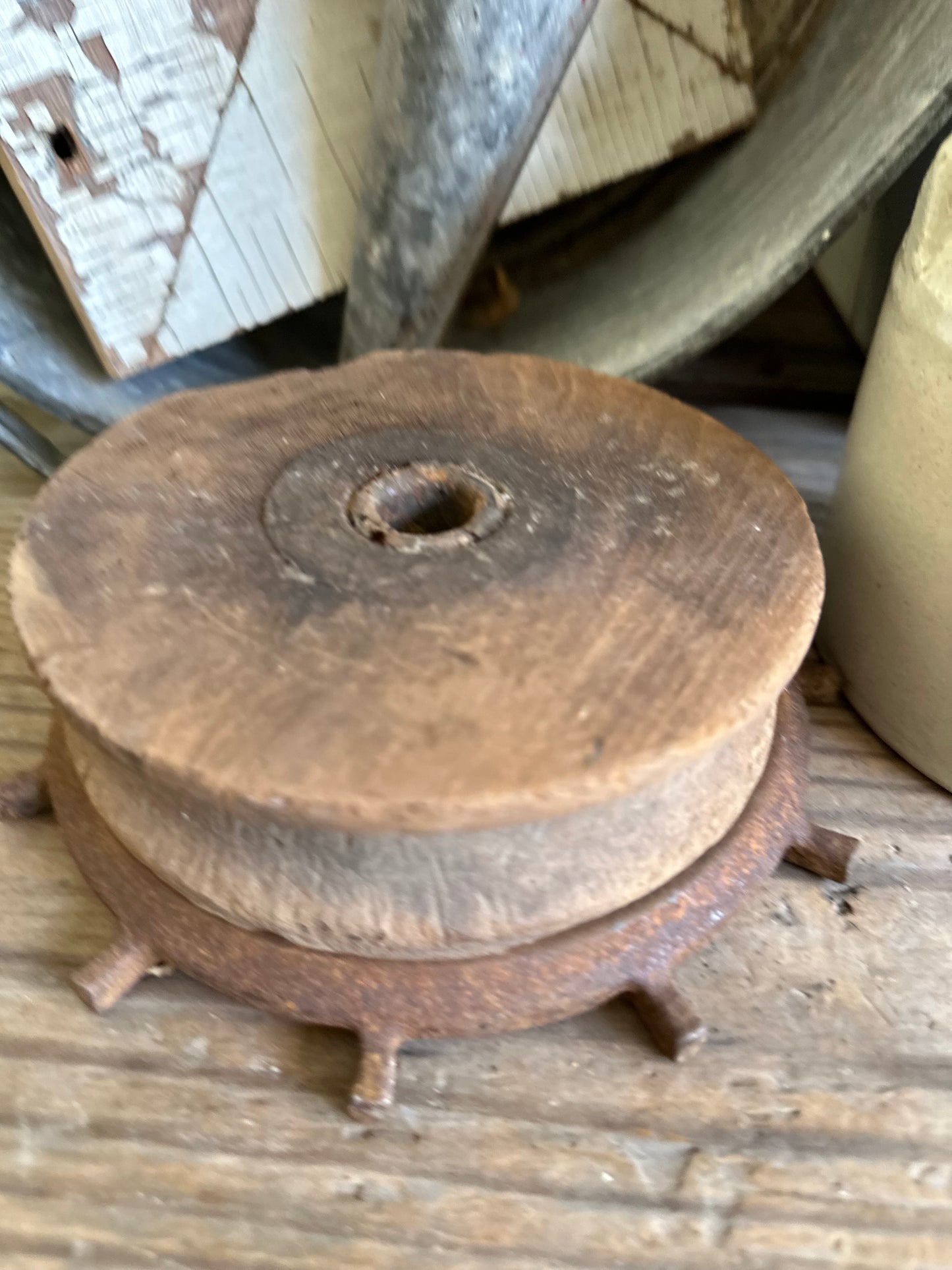 Salvage Wood Pulley Sheave & Metal Riser 2 Pc