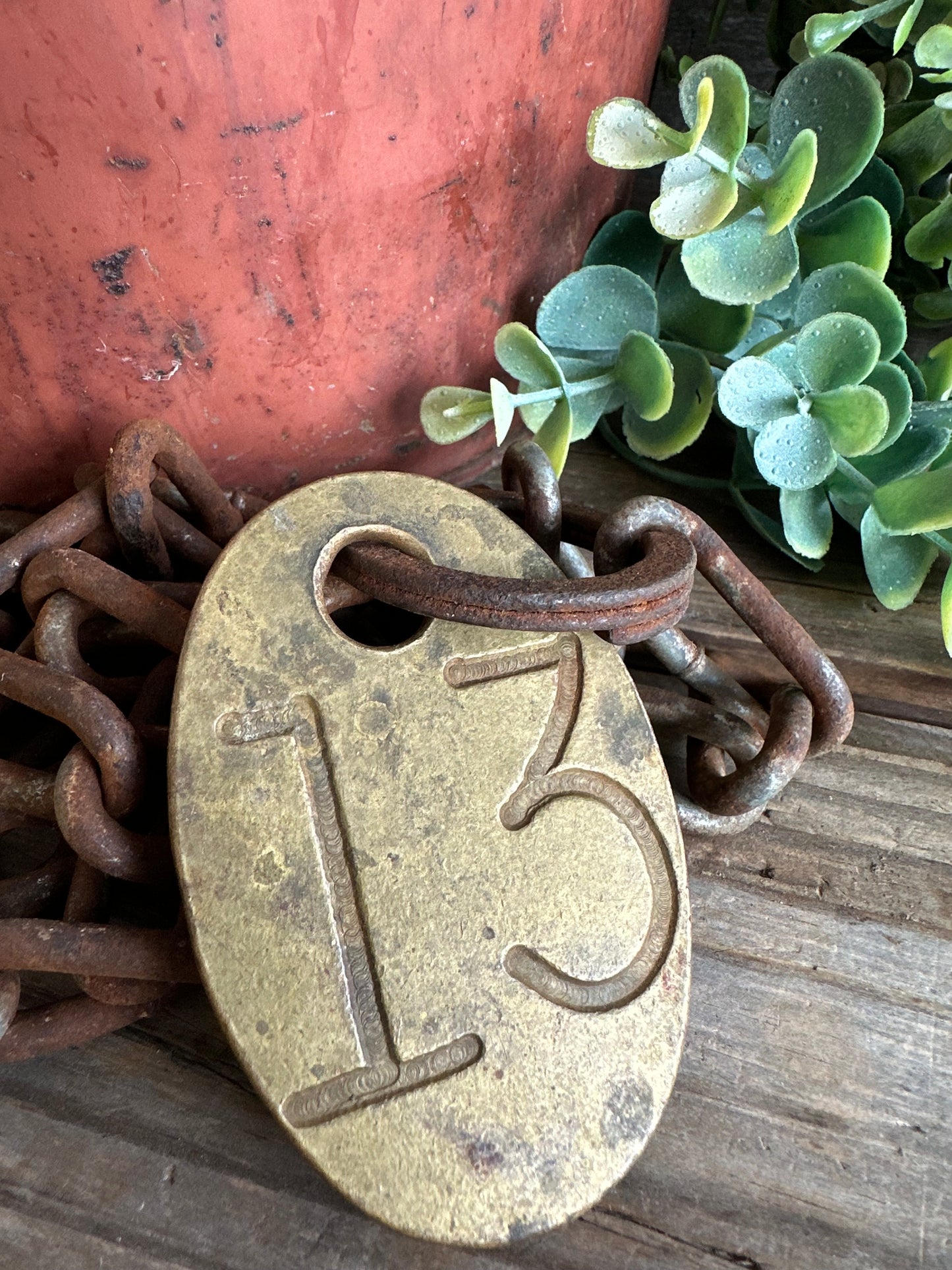 Cattle Brass Tag #13 With Rusty Metal Chain