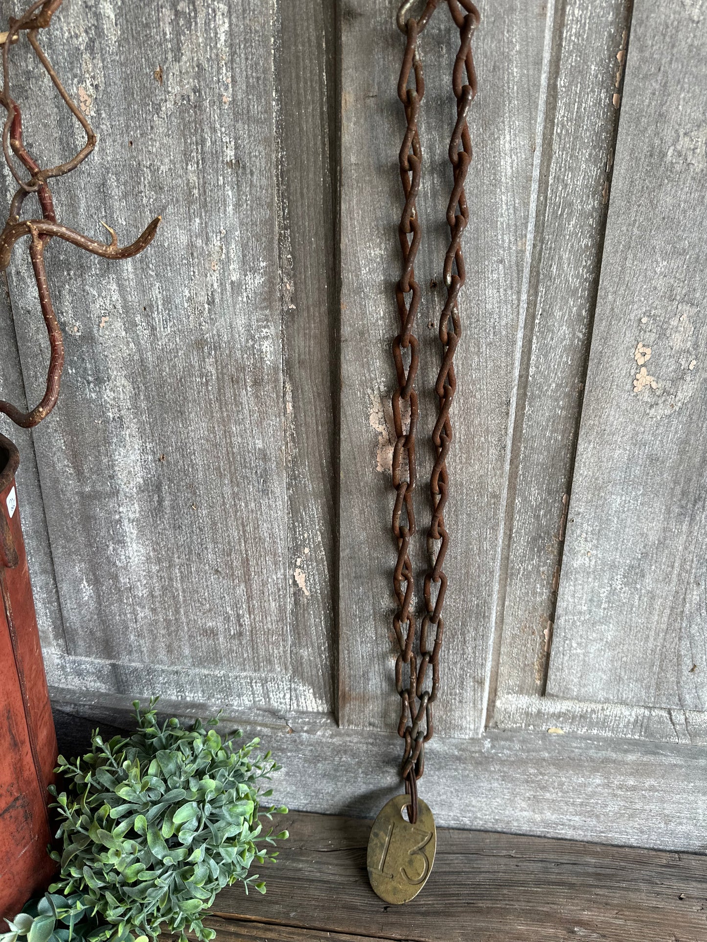 Cattle Brass Tag #13 With Rusty Metal Chain