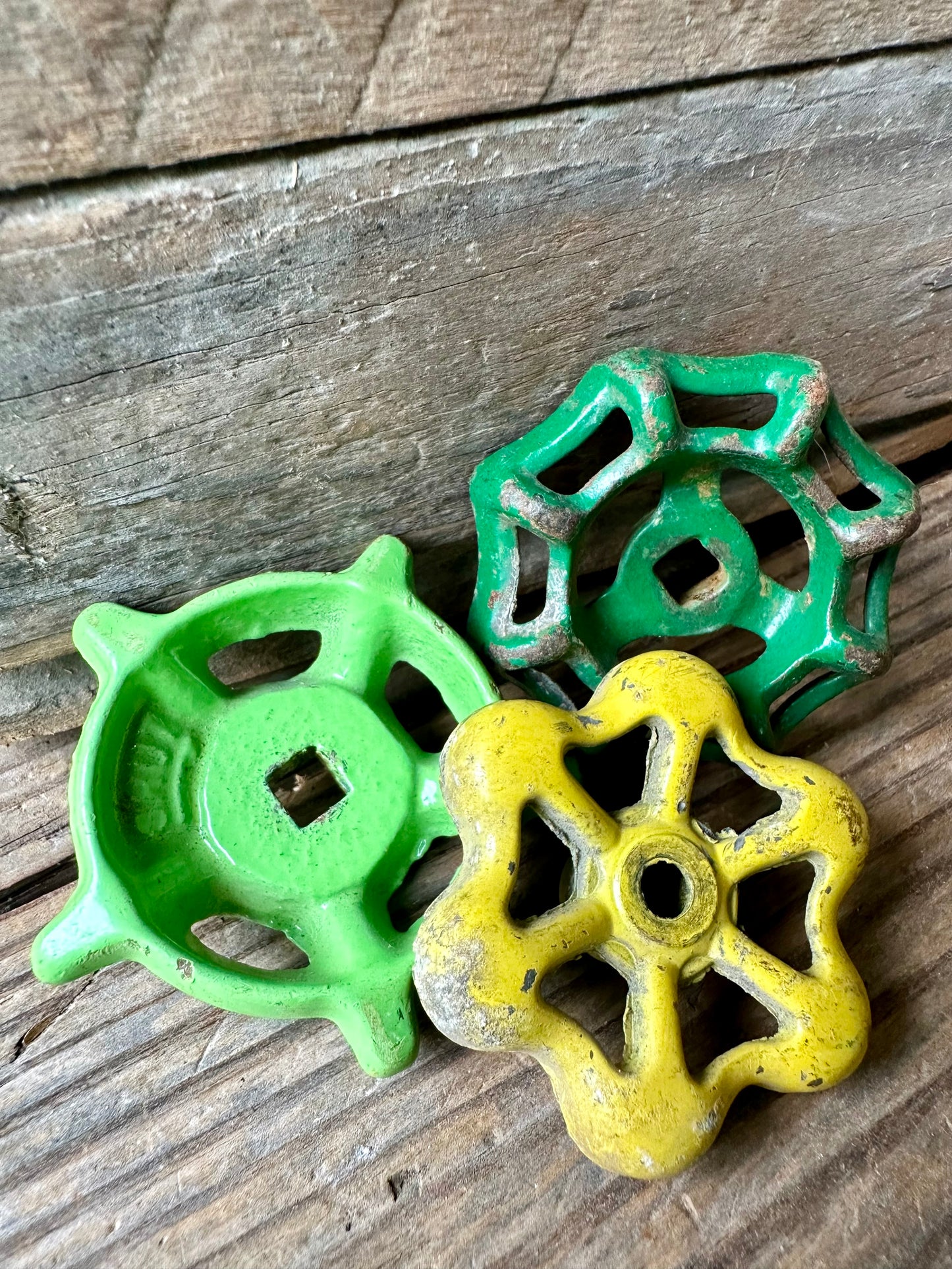 Green & Yellow Rusty Metal Valve Handles Set Of Three