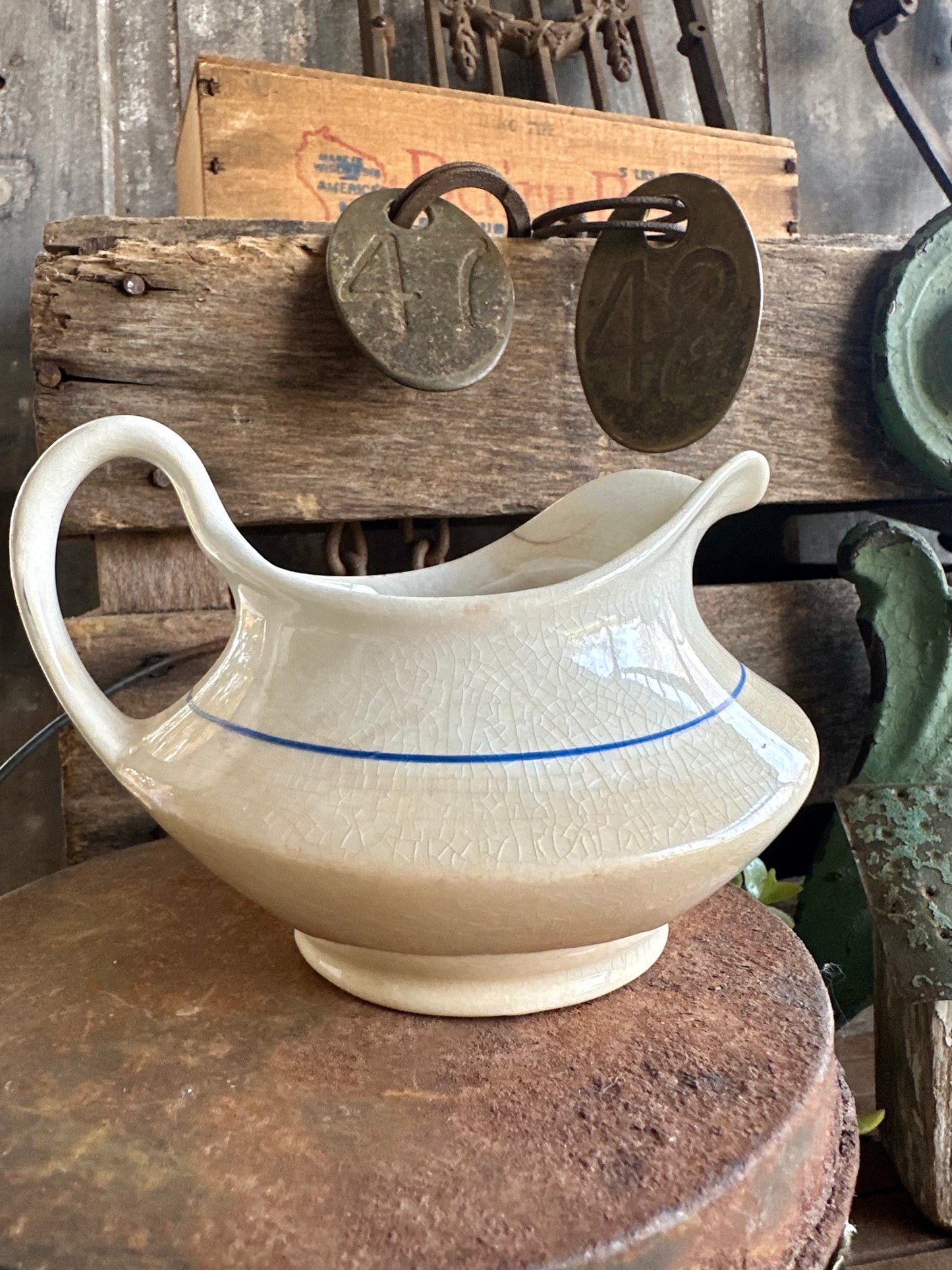 Floral Creamer With Handle Crazing Staining