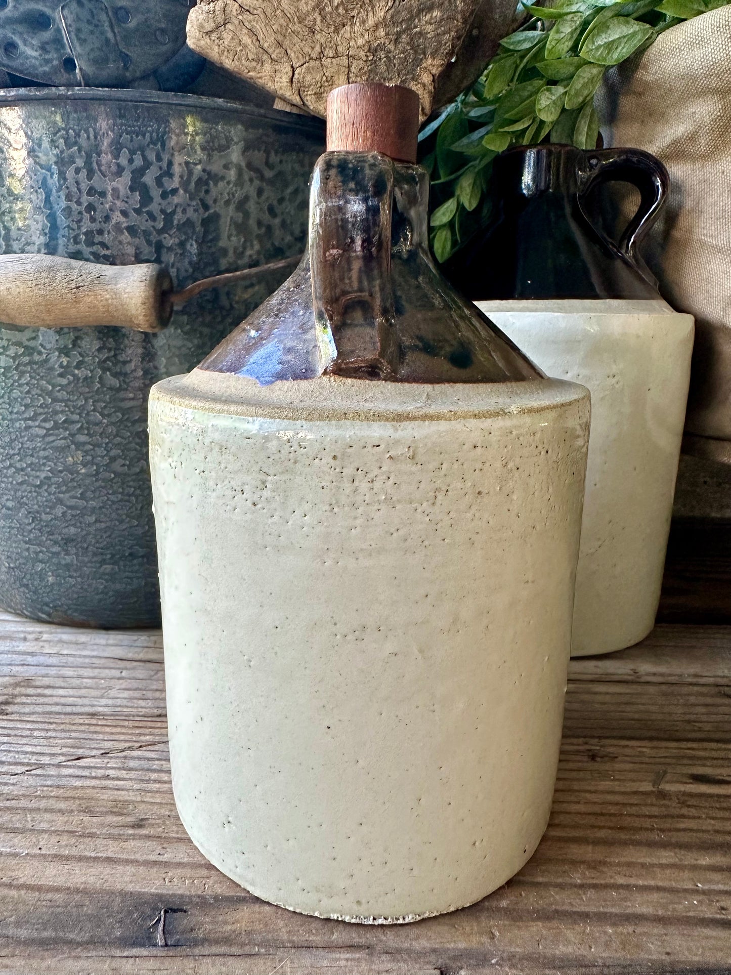 Crock Jug With Handle Two Tone Browns