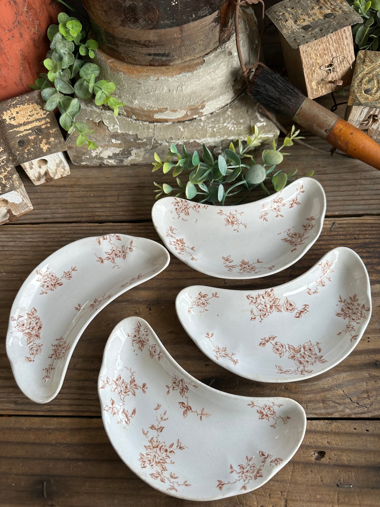 Brown Transferware Floral Pattern Bone Dishes Set Of Four