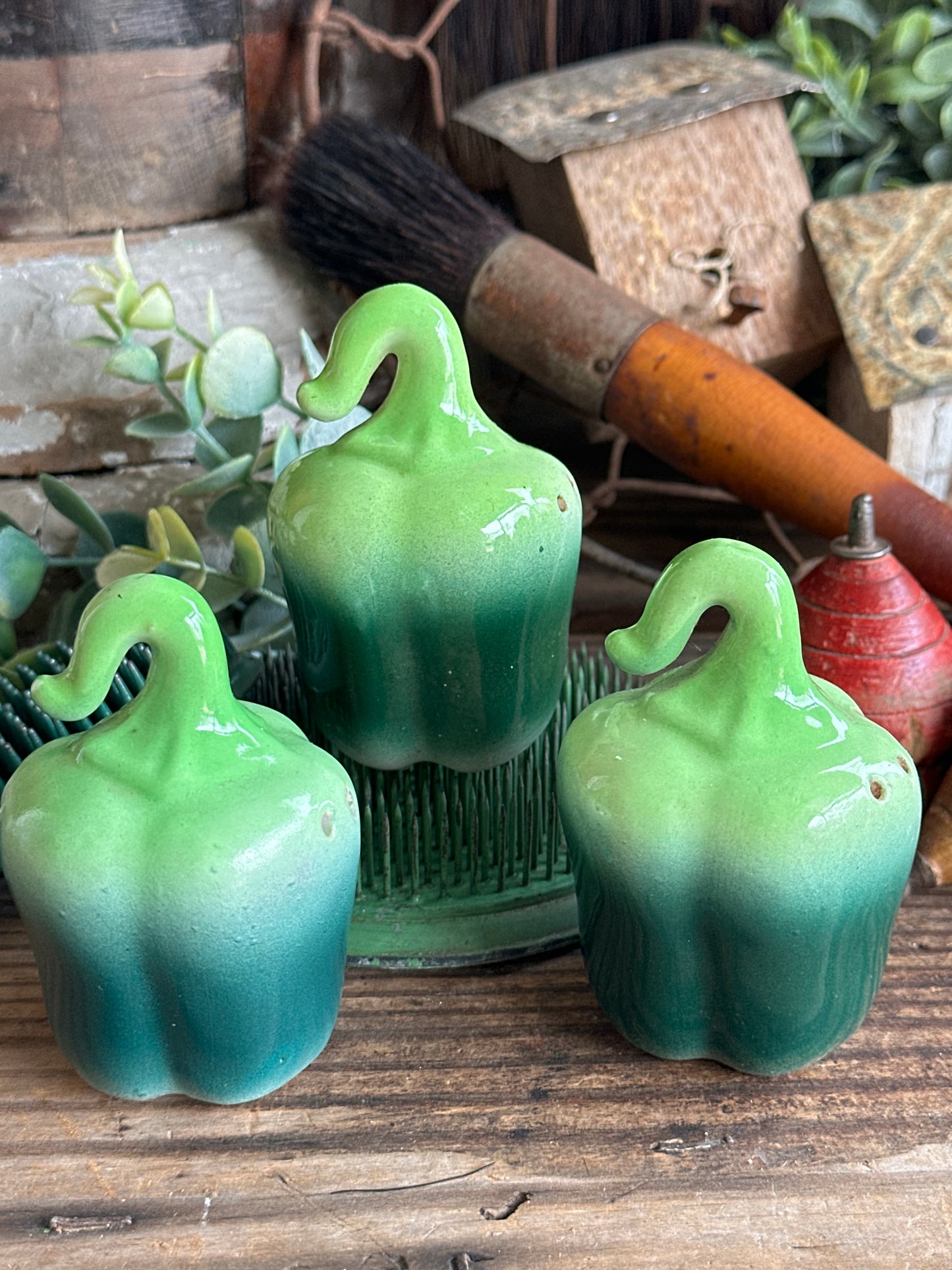 Green Pepper Shape Salt, Pepper & Cinnamon Shaker Set Of Three