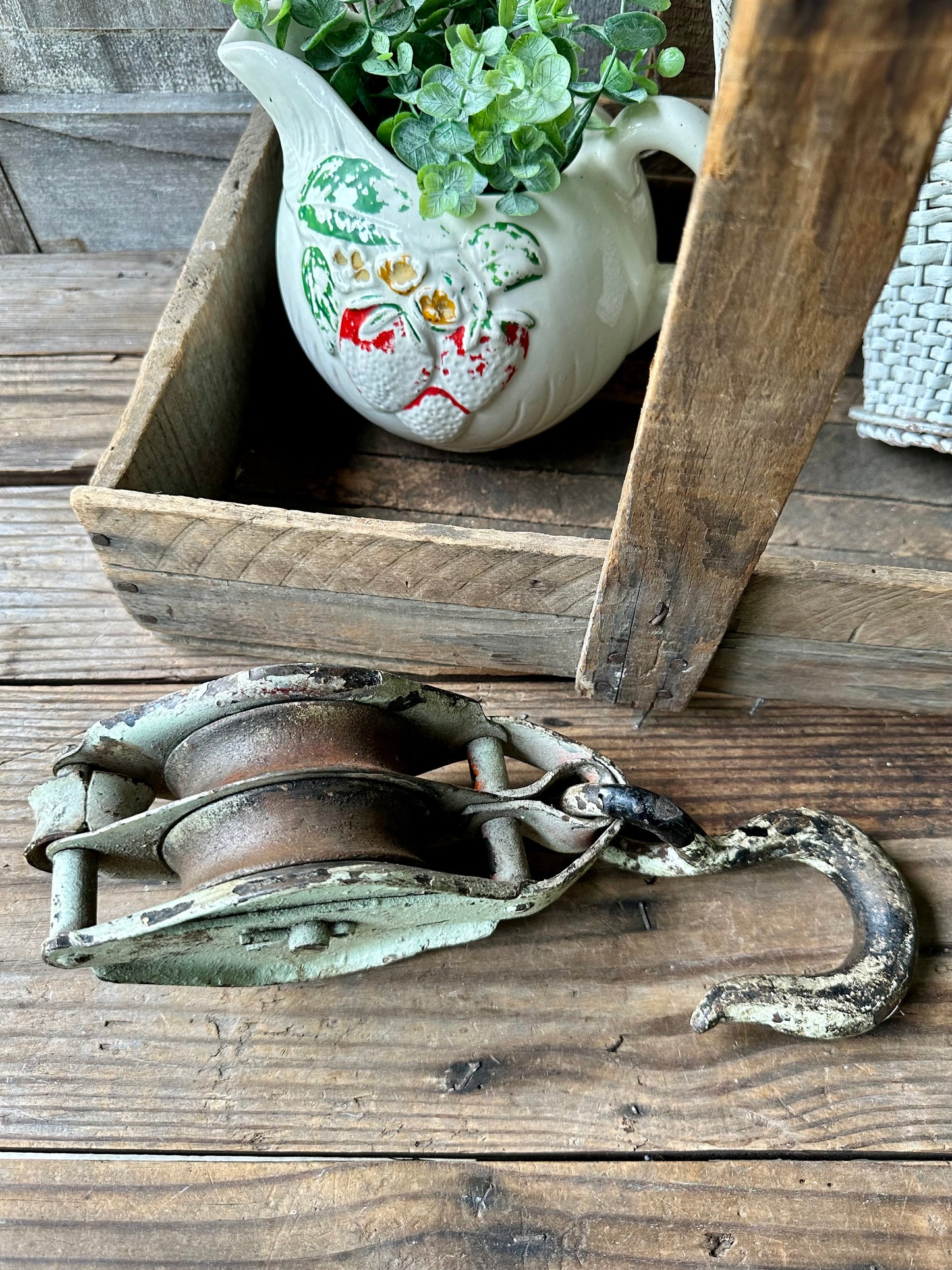 Pale Chippy Green Rusty Metal Pulley