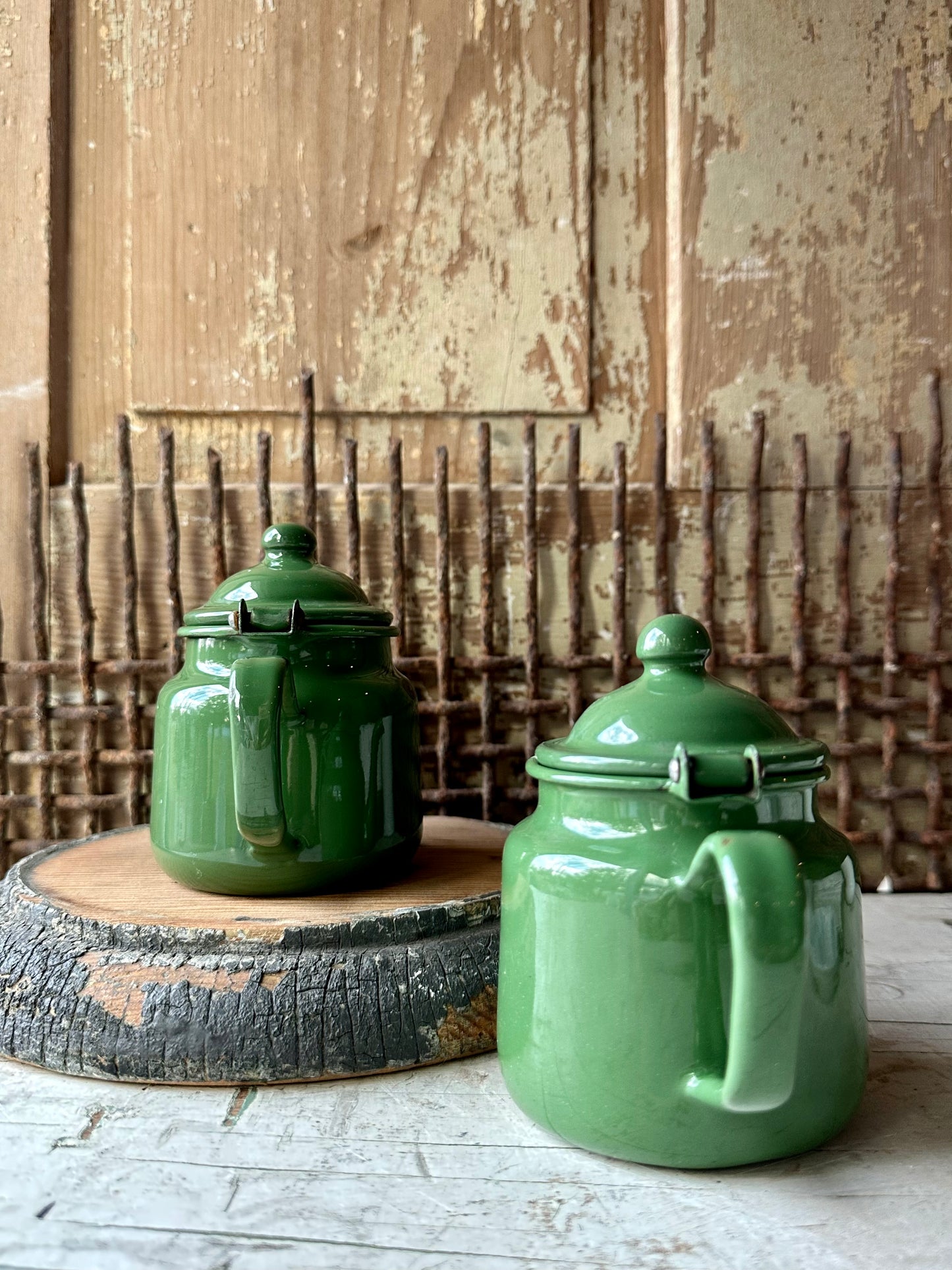 Enamelware Small Green Tea Pots Set of 2