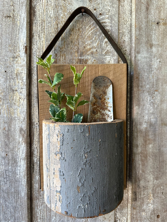 Handmade Salvage Post Wall Pocket With Garden Shovel