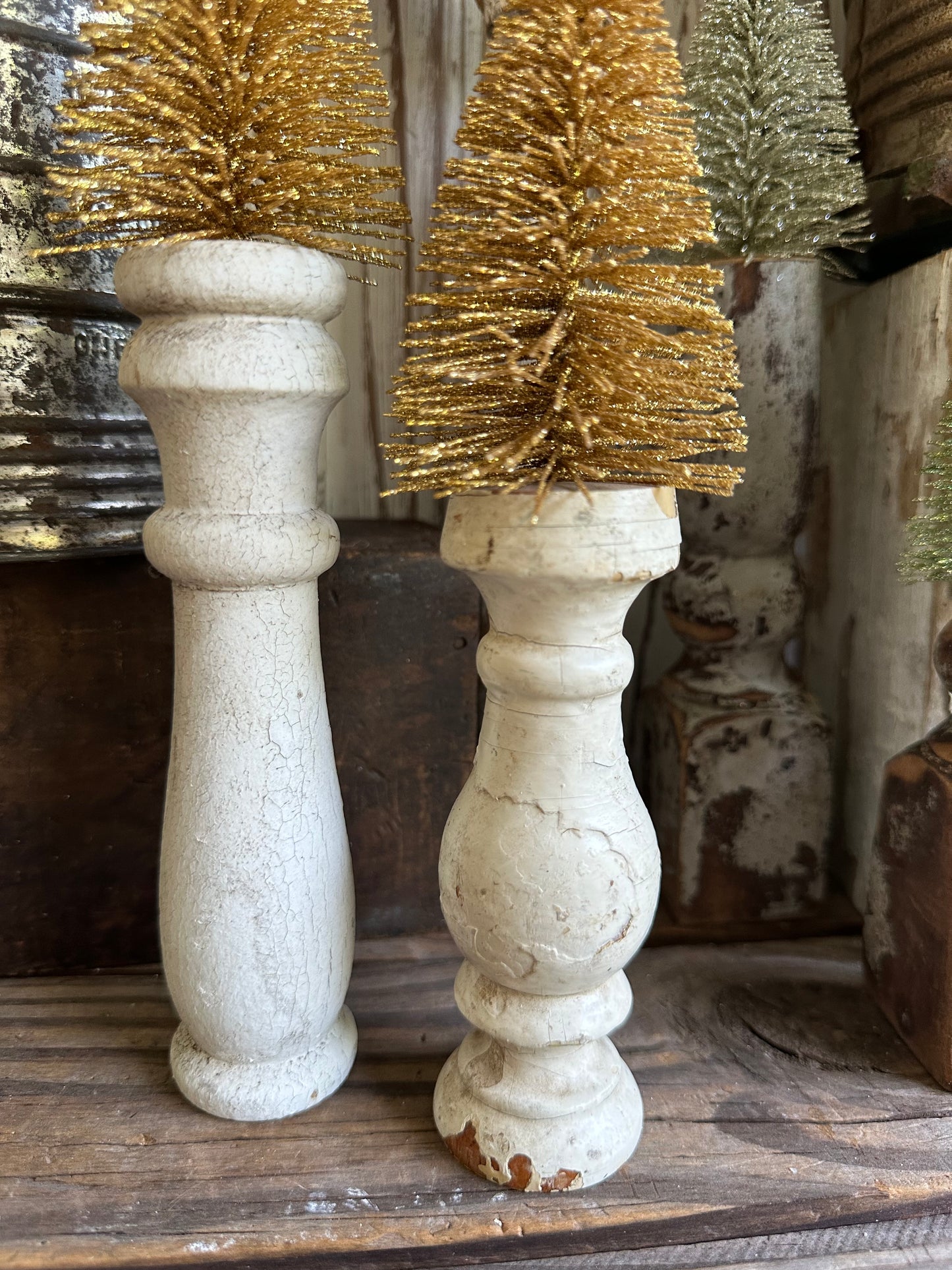 Salvage Wood Spindle With Christmas Gold Tree Set Of Two