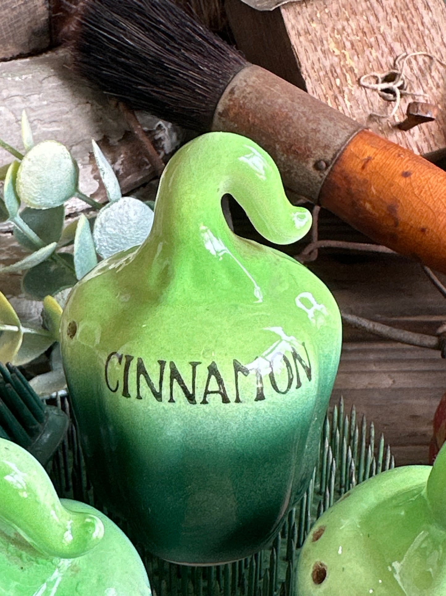 Green Pepper Shape Salt, Pepper & Cinnamon Shaker Set Of Three