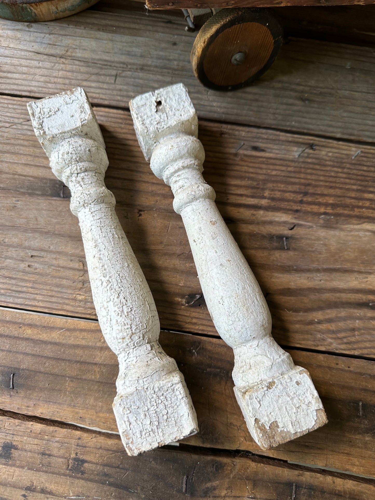 Chippy White Paint Wood Spindles Set of Two