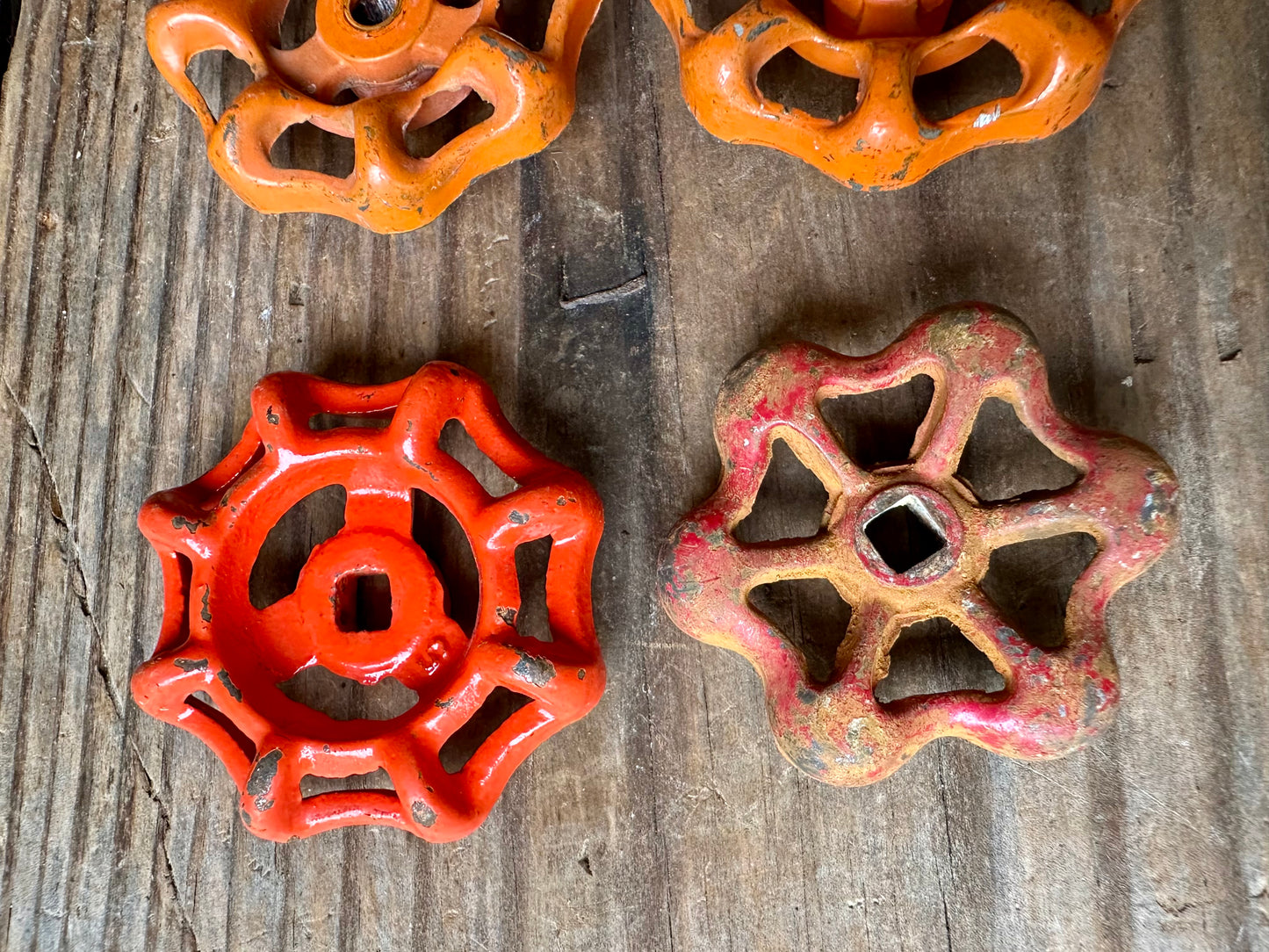 Orange & Red Rusty Metal Valve Handles Set Of Four