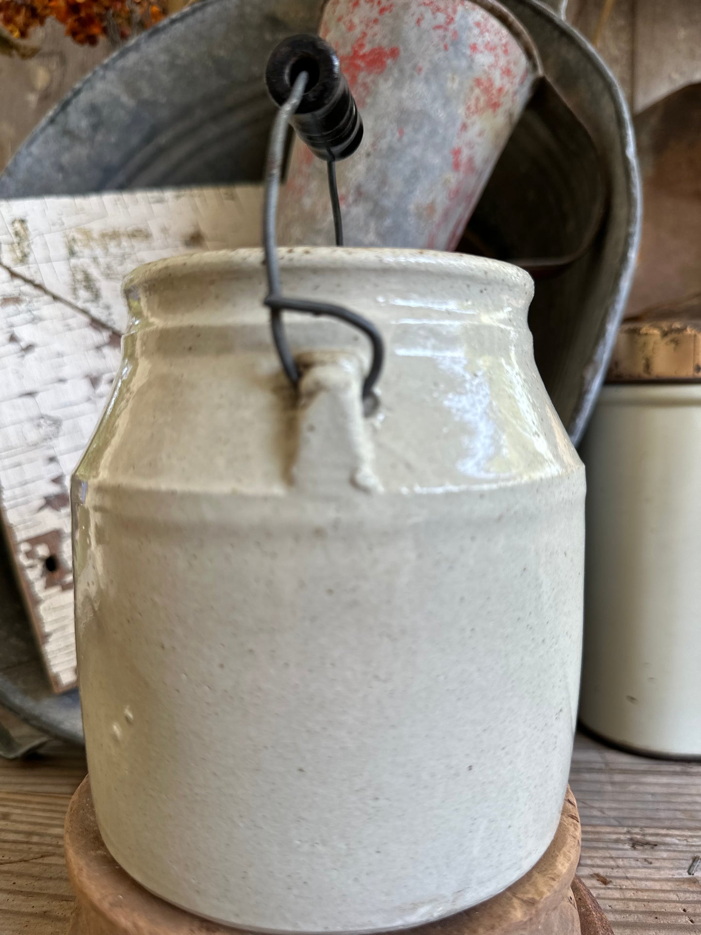 Crock With Wire & Wood Handle