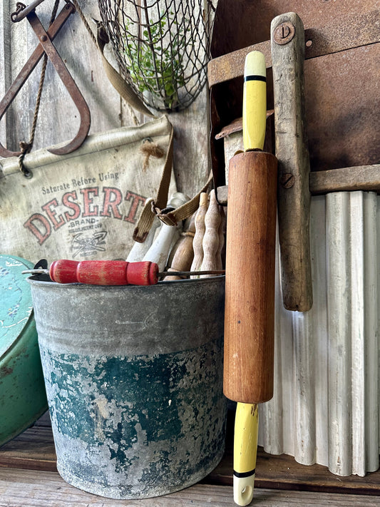 Wood Rolling Pin Yellow/Black/Off White Stripe