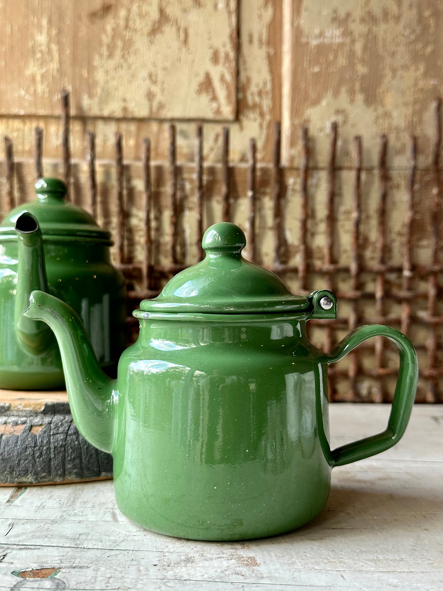 Enamelware Small Green Tea Pots Set of 2