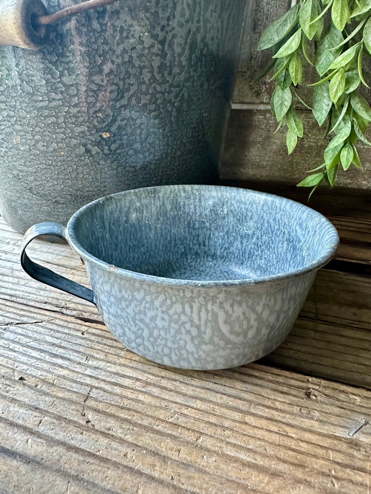 Gray Enamelware Cup/Dish With Handle