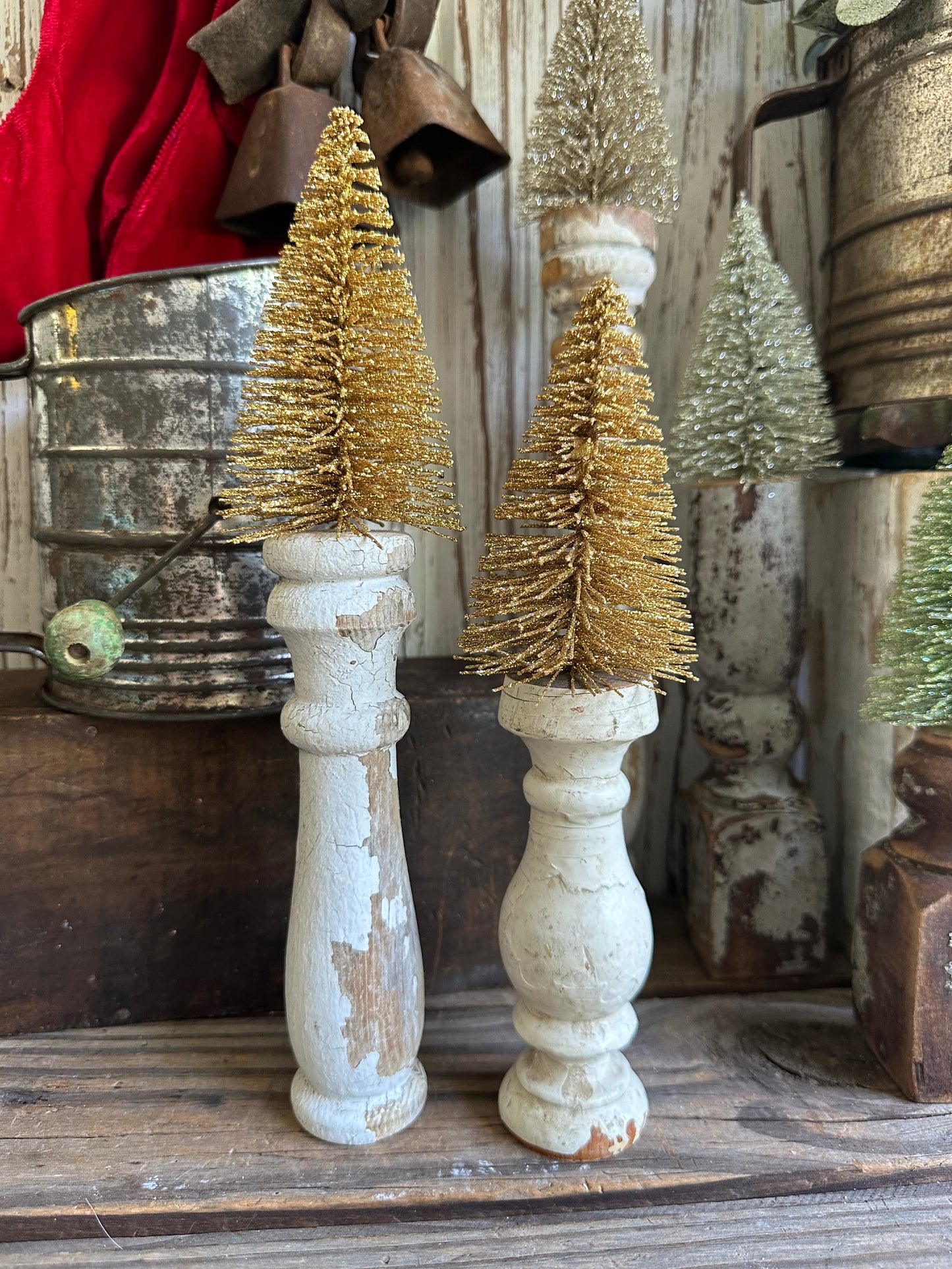 Salvage Wood Spindle With Christmas Gold Tree Set Of Two